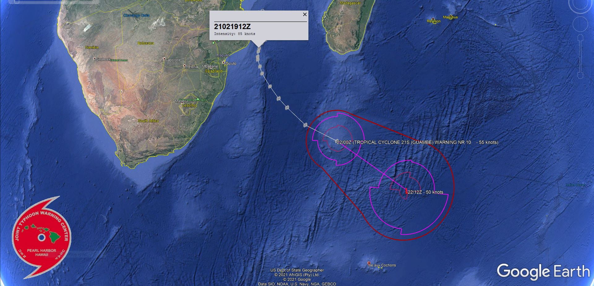 21S(GUAMBE). ESTIMATED PEAK INTENSITY WAS 85KNOTS/US CATEGORY 2.