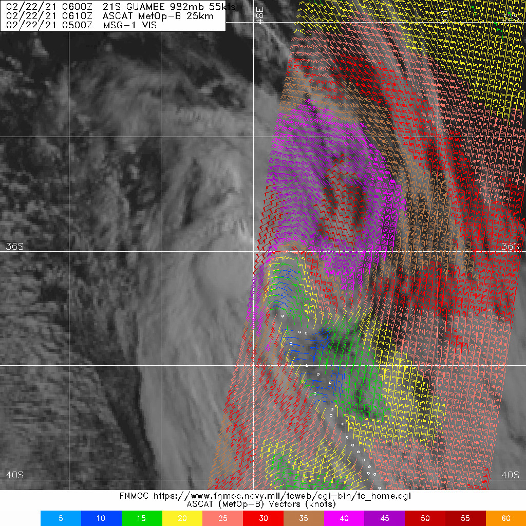 21S(GUAMBE). 22/0610UTC. ASCAT-B DEPICTED AT LEAST 50KNOT WINDS NORTH AND NORTH-EAST OF THE CENTER OF THE EXTRATROPICAL CYCLONE..