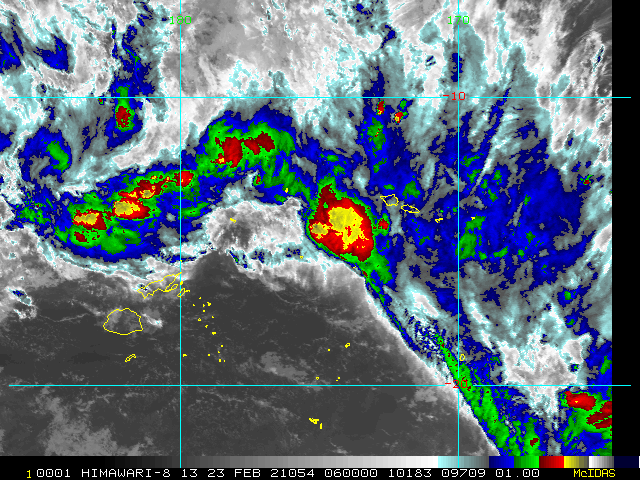 INVEST 94P. 23/06UTC. ANIMATED SATELLITE IMAGERY AND A PARTIAL 230240Z GMI 89GHZ MICROWAVE PASS  REVEAL DISORGANIZED BANDING WITH FLARING CONVECTION IN THE NORTHERN  PERIPHERY WRAPPING INTO AN ELONGATED LOW LEVEL CIRCULATION CENTER  EMBEDDED IN A TROUGH EXTENDING FROM NORTHEAST OF VANUATU TO SOUTH OF  TAHITI.