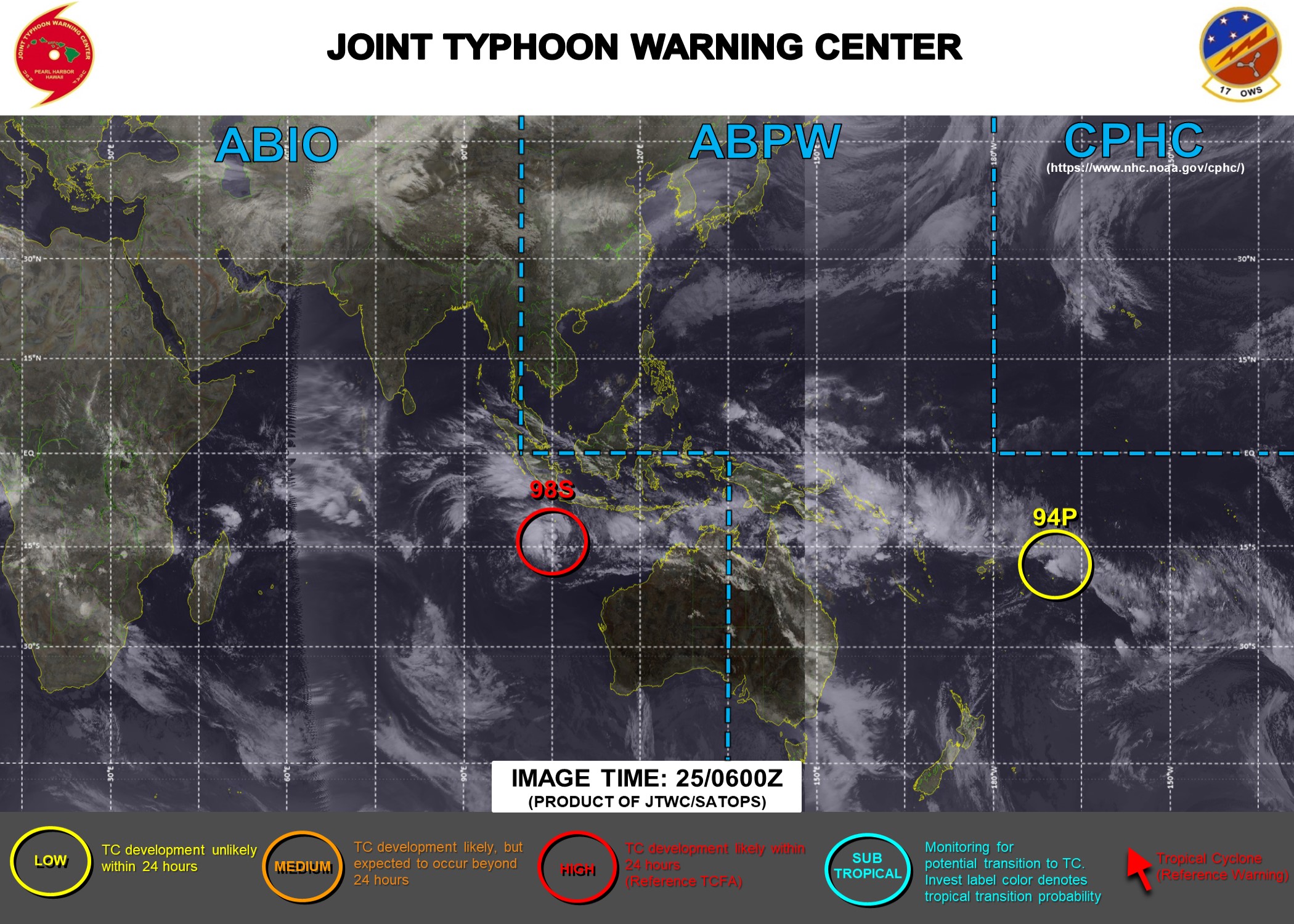 25/06UTC. JTWC HAS UP-GRADED INVEST 98S TO HIGH WHEREAS INVEST 94P REMAINS LOW. 3HOURLY SATELLITE BULLETINS ARE ISSUED FOR 98S. 25/06UTC. JTWC HAS UP-GRADED INVEST 98S TO HIGH WHEREAS INVEST 94P REMAINS LOW. 3HOURLY SATELLITE BULLETINS ARE ISSUED FOR 98S.