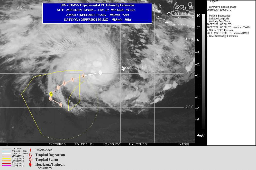 22S(MARIAN). WARNING 2 ISSUED AT 26/15UTC. UPPER LEVEL ANALYSIS INDICATES LOW  TO MODERATE (10-15KT) VERTICAL WIND SHEAR AND GOOD RADIAL  OUTFLOW. ADDITIONALLY, ALONG-TRACK SEA SURFACE TEMPERATURES ARE  CONDUCIVE AT 28-29C. TC 22S WILL TRACK MORE WEST-SOUTHWESTWARD TO  SOUTHWESTWARD ALONG THE NORTHWESTERN PERIPHERY OF THE DEEP-LAYERED  SUBTROPICAL RIDGE (STR) TO THE SOUTHEAST. AFTER 48H, THE CYCLONE  WILL SLOW DOWN AS IT ROUNDS THE WESTERN EDGE OF THE STR, AND AFTER  96H, WILL RE-ACCELERATE SOUTHEASTWARD ON THE POLEWARD SIDE OF THE  STR. THE FAVORABLE ENVIRONMENT WILL PROMOTE A GRADUAL  INTENSIFICATION TO A PEAK OF 85KTS/US CATEGORY 2 BY 72H. AFTERWARD, INCREASING  WIND SHEAR AS THE SYSTEM MAKES THE TURN INTO THE PREVAILING WESTERLIES WILL  GRADUALLY ERODE THE SYSTEM DOWN TO 65KNOTS/US CATEGORY 1 BY 120H.