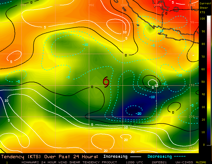 22S(MARIAN). VERTICAL WIND SHEAR REMAINS MODERATE.                      CIMSS Vertical Shear Magnitude :   11.6 m/s (22.6 kts)                                           Direction :  101.3 deg. THE 24H TENDENCY IS SLOWLY IMPROVING THOUGH.