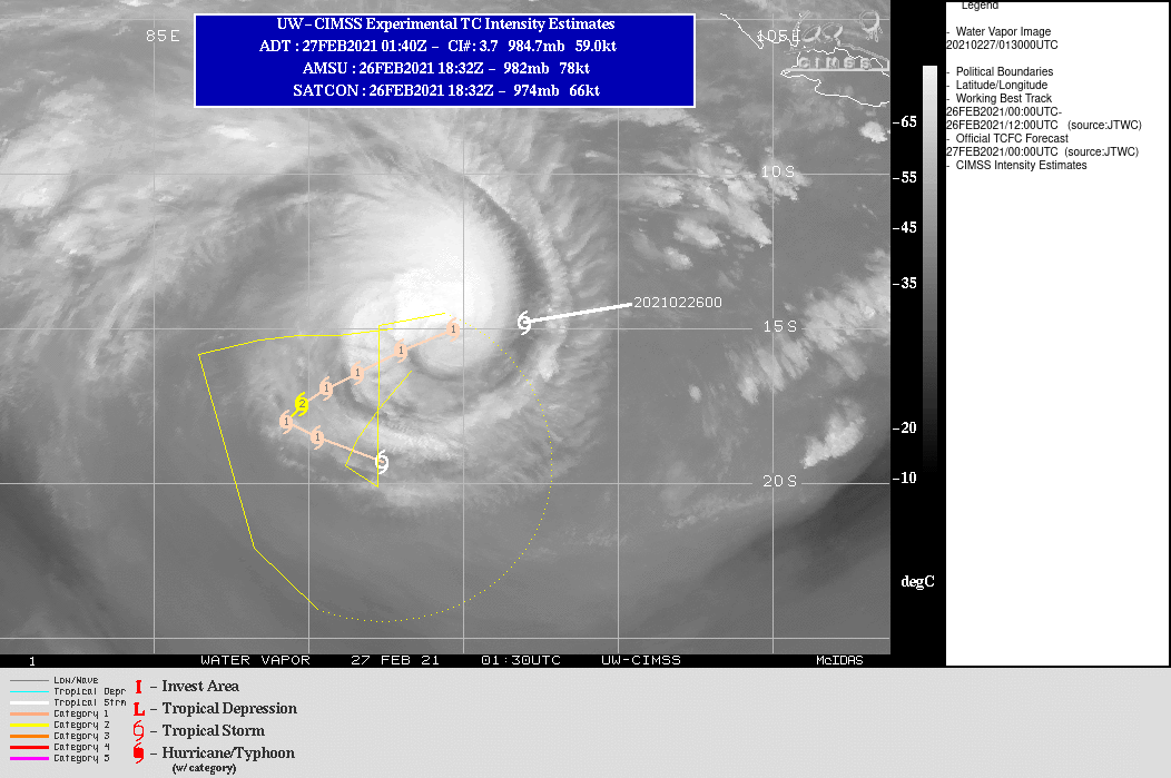 22S(MARIAN). WARNING 3 ISSUED AT 27/03UTC. UPPER LEVEL ANALYSIS INDICATES A FAVORABLE ENVIRONMENT WITH LOW VERTICAL WIND SHEAR AND GOOD EQUATORWARD OUTFLOW. TC 22S WILL  CONTINUE TO TRACK WEST-SOUTHWESTWARD ALONG THE NORTHERN PERIPHERY OF  THE SUBTROPICAL RIDGE (STR) TO THE SOUTH. ALONG TRACK SPEEDS SLOW AS  A COMPETING STEERING ENVIRONMENT DEVELOPS WITH A NEAR EQUATORIAL  RIDGE (NER) STRENGTHENING TO THE NORTHEAST. TC 22S REACHES A PEAK  INTENSITY OF 85 KNOTS/US CATEGORY 2 AT 48H UNDER FAVORABLE CONDITIONS. AFTER 72H,  THE SYSTEM WILL BEGIN TO MOVE EAST-SOUTHEASTWARD AS THE STR  WEAKENS AND THE NER TAKES OVER STEERING. AFTER 72H, AN  APPROACHING MIDLATITUDE TROUGH AND INCREASING VWS FROM PREVAILING  WESTERLIES BEGIN A WEAKENING TREND FOR TC 22S THROUGHOUT THE  REMAINDER OF THE FORECAST. 22S(MARIAN). WARNING 3 ISSUED AT 27/03UTC. UPPER LEVEL ANALYSIS INDICATES A FAVORABLE ENVIRONMENT WITH LOW VERTICAL WIND SHEAR AND GOOD EQUATORWARD OUTFLOW. TC 22S WILL  CONTINUE TO TRACK WEST-SOUTHWESTWARD ALONG THE NORTHERN PERIPHERY OF  THE SUBTROPICAL RIDGE (STR) TO THE SOUTH. ALONG TRACK SPEEDS SLOW AS  A COMPETING STEERING ENVIRONMENT DEVELOPS WITH A NEAR EQUATORIAL  RIDGE (NER) STRENGTHENING TO THE NORTHEAST. TC 22S REACHES A PEAK  INTENSITY OF 85 KNOTS/US CATEGORY 2 AT 48H UNDER FAVORABLE CONDITIONS. AFTER 72H,  THE SYSTEM WILL BEGIN TO MOVE EAST-SOUTHEASTWARD AS THE STR  WEAKENS AND THE NER TAKES OVER STEERING. AFTER 72H, AN  APPROACHING MIDLATITUDE TROUGH AND INCREASING VWS FROM PREVAILING  WESTERLIES BEGIN A WEAKENING TREND FOR TC 22S THROUGHOUT THE  REMAINDER OF THE FORECAST.