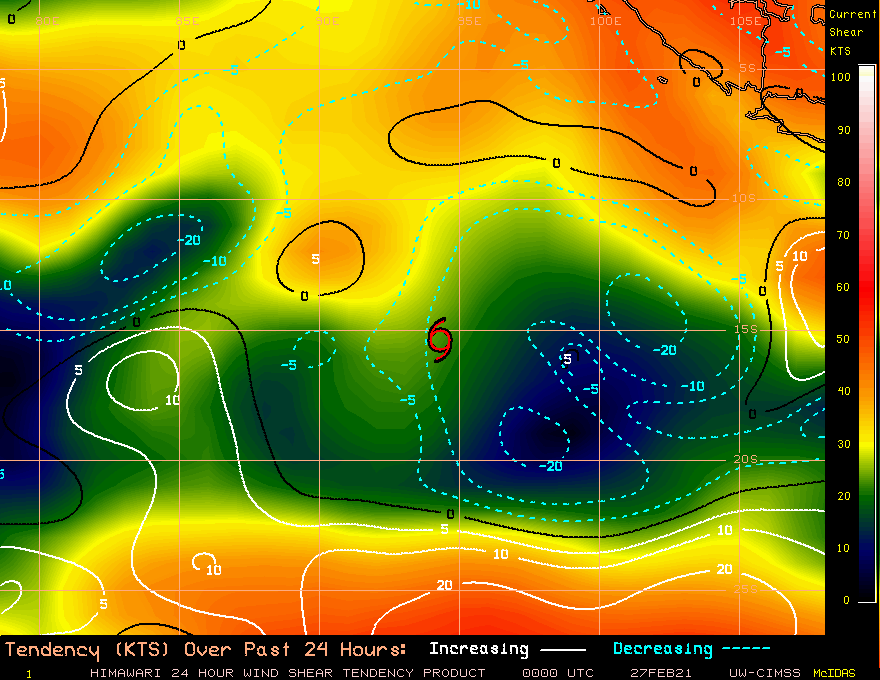 22S(MARIAN). LOW TO MODERATE VERTICAL WIND SHEAR STILL IMPACTING ON THE SYSTEM.  UW-CIMSS Experimental Vertical Shear and TC Intensity Trend Estimates IS NEUTRAL OVER 12H THEN FAVOURABLE UP TO 24H. 22S(MARIAN). LOW TO MODERATE VERTICAL WIND SHEAR STILL IMPACTING ON THE SYSTEM.  UW-CIMSS Experimental Vertical Shear and TC Intensity Trend Estimates IS NEUTRAL OVER 12H THEN FAVOURABLE UP TO 24H.
