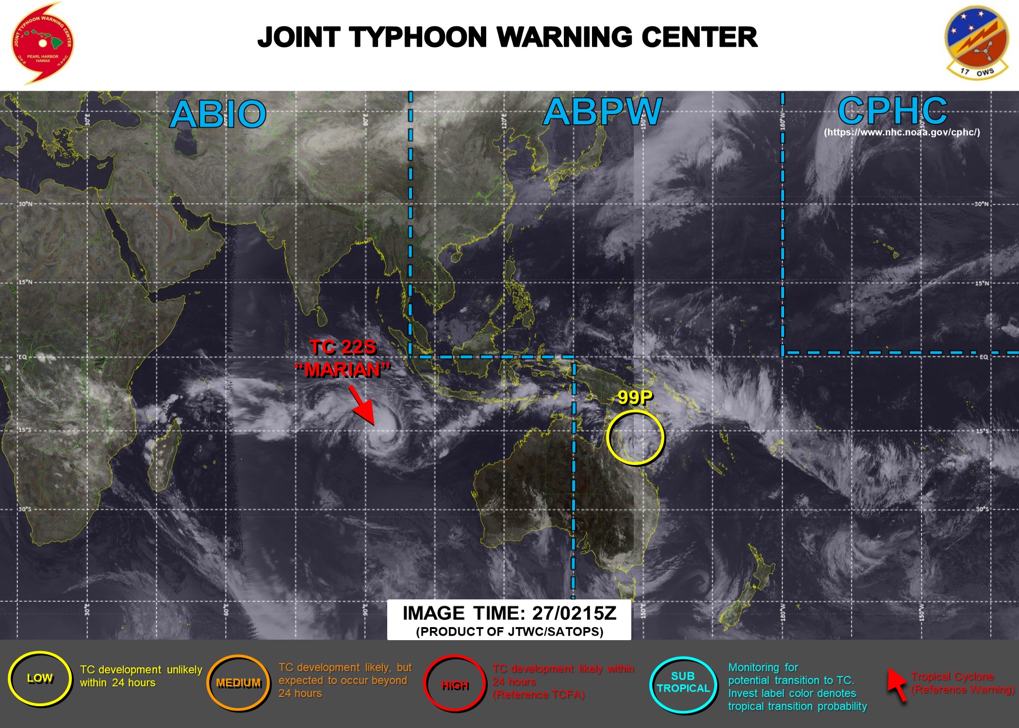 27/03UTC. JTWC IS ISSUING 12HOURLY WARNINGS AND 3 HOURLY SATELLITE BULLETINS ON TC 22S(MARIAN). INVEST 99P IS NOW ON THE MAP AND IS LOW FOR THE NEXT 24HOURS.