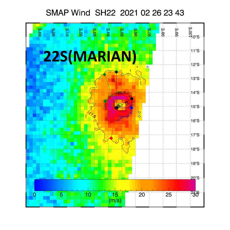 22S(MARIAN). 26/2343UTC. SMAP(NASA) READ 10MINUTE WINDS AT 60KNOTS=68KNOTS(1 MINUTE). 22S(MARIAN). 26/2343UTC. SMAP(NASA) READ 10MINUTE WINDS AT 60KNOTS=68KNOTS(1 MINUTE).