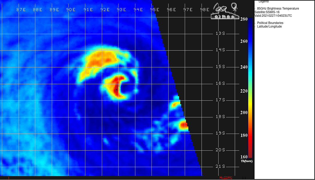 22S(MARIAN). 27/1040UTC. WELL DEFINED MICROWAVE EYE FEATURE   WHICH THE BULK OF THE CONVECTION CONFINED TO THE WEST AND NORTHWEST QUADRANTS. 22S(MARIAN). 27/1040UTC. WELL DEFINED MICROWAVE EYE FEATURE   WHICH THE BULK OF THE CONVECTION CONFINED TO THE WEST AND NORTHWEST QUADRANTS.