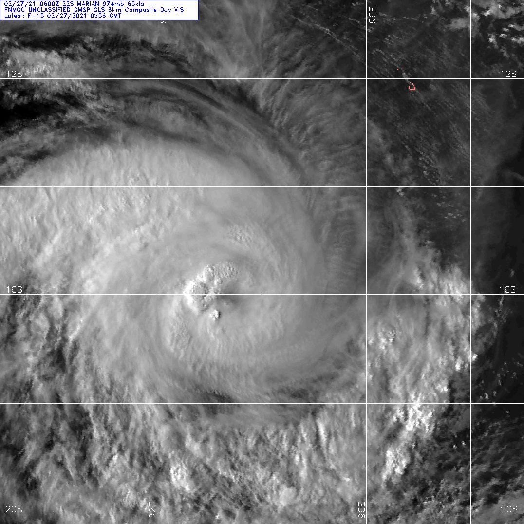 22S(MARIAN). 27/0956UTC. DMSP VISIBLE DEPICTING A BANDING EYE. 22S(MARIAN). 27/0956UTC. DMSP VISIBLE DEPICTING A BANDING EYE.