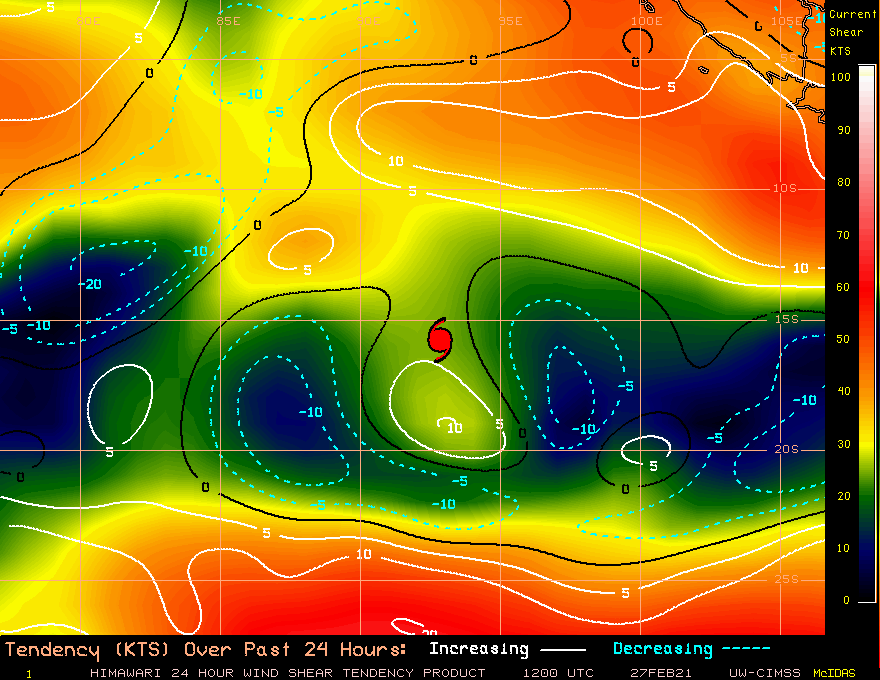22S(MARIAN). WIND SHEAR CONTINUES TO IMPACT ON THE CYCLONE MAINLY AT THE HIGHER LEVELS. CIMSS Vertical Shear Magnitude :   12.3 m/s (23.8knots) Direction :   84.0 deg. Experimental Vertical Shear and TC Intensity Trend Estimates : unfavourable over 24h. 22S(MARIAN). WIND SHEAR CONTINUES TO IMPACT ON THE CYCLONE MAINLY AT THE HIGHER LEVELS. CIMSS Vertical Shear Magnitude :   12.3 m/s (23.8knots) Direction :   84.0 deg. Experimental Vertical Shear and TC Intensity Trend Estimates : unfavourable over 24h.