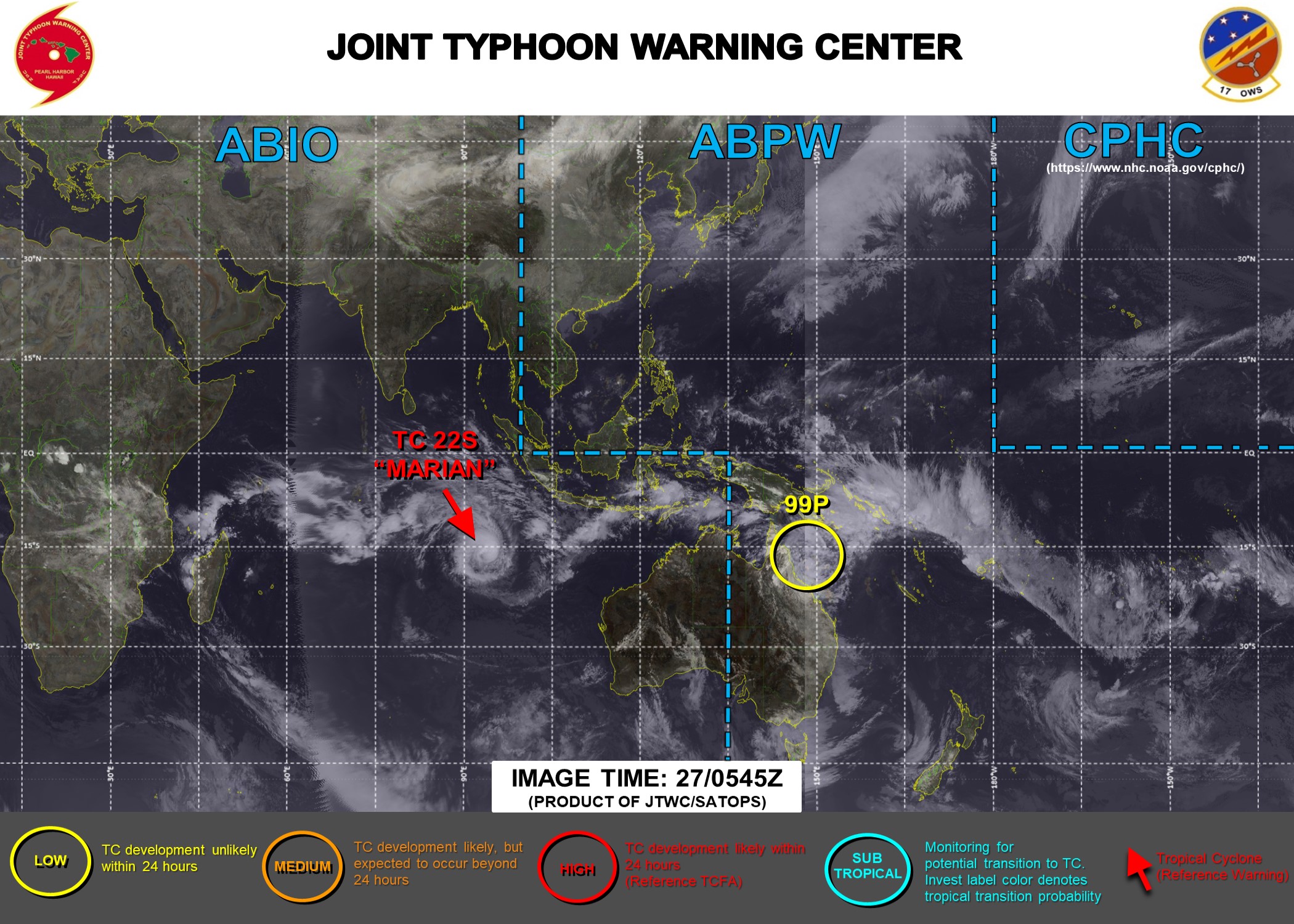 27/12UTC. JTWC IS ISSUING 12HOURLY WARNINGS AND 3 HOURLY SATELLITE BULLETINS ON TC 22S(MARIAN). INVEST 99P REMAINS ON THE MAP AND REMAINS LOW FOR THE NEXT 24HOURS. 27/12UTC. JTWC IS ISSUING 12HOURLY WARNINGS AND 3 HOURLY SATELLITE BULLETINS ON TC 22S(MARIAN). INVEST 99P REMAINS ON THE MAP AND REMAINS LOW FOR THE NEXT 24HOURS.
