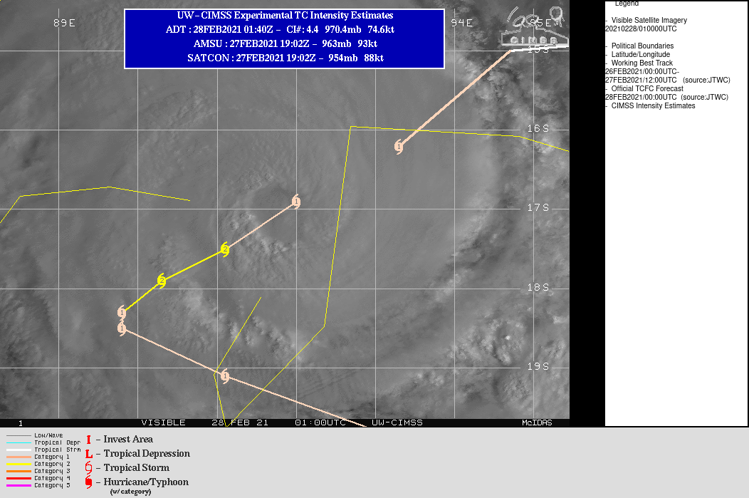 22S(MARIAN). WARNING 5 ISSUED AT 28/03UTC. OVERALL, THE SYSTEM HAS INTENSIFIED WITH DVORAK ESTIMATES RANGING FROM T4.5 (77  KNOTS) TO T5.0 (90 KNOTS). DUE TO THE RAGGED NATURE OF THE EYE, THE  INITIAL INTENSITY IS BASED ON THE LOWER DVORAK ESTIMATE OF T4.5 AND  A 280010Z ADT ESTIMATE OF 4.4 (75 KNOTS). TC 22S IS FORECAST TO  CONTINUE TRACKING SOUTHWESTWARD ALONG THE NORTHWEST PERIPHERY OF A  DEEP-LAYERED SUBTROPICAL RIDGE (STR) POSITIONED TO THE SOUTHEAST AND  SOUTH THROUGH 36H. AFTER 36H, A DEEP MIDLATITUDE TROUGH WILL  APPROACH AND WEAKEN THE STR, WHICH WILL RESULT IN A SLOW OR QUASI- STATIONARY TRACK MOTION THROUGH 48H. AFTER 48H, THE  MIDLATITUDE TROUGH WILL COMPLETELY ERODE THE STR AND THE SYSTEM WILL  BEGIN TO ACCELERATE EAST-SOUTHEASTWARD WITHIN THE STEERING FLOW  BETWEEN THE AFOREMENTIONED TROUGH AND THE NEAR EQUATORIAL RIDGE TO  THE NORTH. TC MARIAN SHOULD INTENSIFY SLIGHTLY UNDER FAVORABLE  CONDITIONS OVER THE NEXT 12-24 HOURS TO A PEAK INTENSITY OF 85 KNOTS/US CATEGORY 2  THEN WEAKEN STEADILY THROUGH THE REMAINDER OF THE FORECAST DUE TO  COOLER SST (26-25C) VALUES, INCREASING VERTICAL WIND SHEAR AND  CONVERGENCE ALOFT.