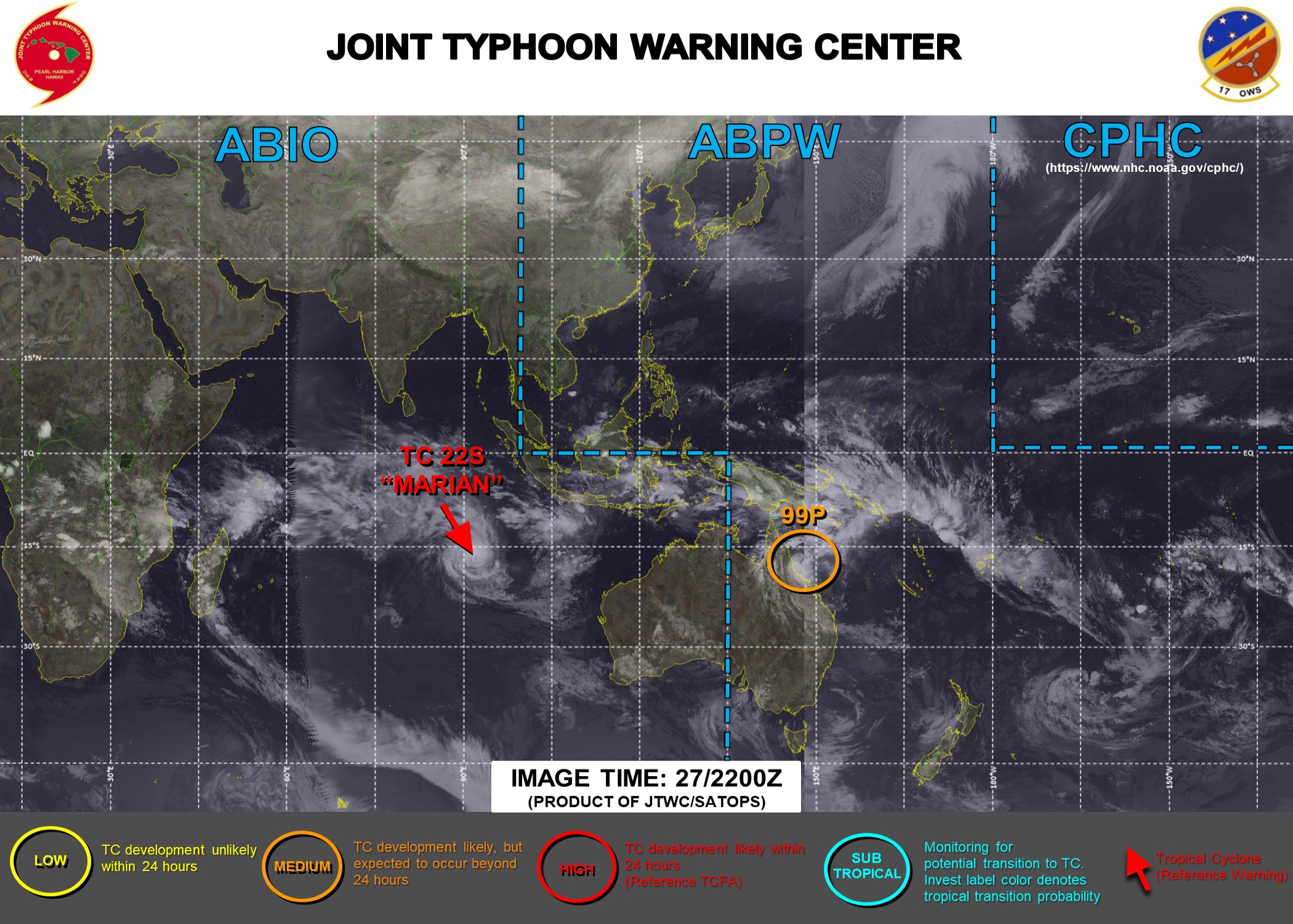 28/03UTC. JTWC HAS BEEN ISSUING 12HOURLY WARNINGS AND 3 HOURLY SATELLITE BULLETINS ON TC 22S(MARIAN). INVEST 99P IS UP-GRADED TO MEDIUM FOR THE NEXT 24HOURS. 28/03UTC. JTWC HAS BEEN ISSUING 12HOURLY WARNINGS AND 3 HOURLY SATELLITE BULLETINS ON TC 22S(MARIAN). INVEST 99P IS UP-GRADED TO MEDIUM FOR THE NEXT 24HOURS.