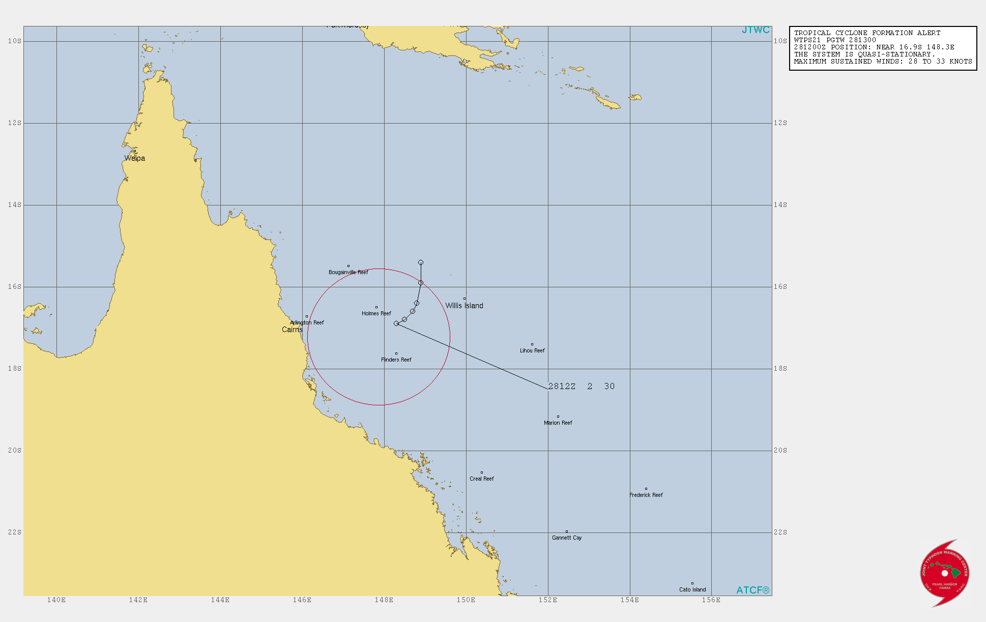 INVEST 99P. TCFA. FORMATION OF A SIGNIFICANT TROPICAL CYCLONE IS POSSIBLE WITHIN A 100 NM RADIUS OF 17.2S 147.9E WITHIN THE NEXT 12 TO 24 HOURS. AVAILABLE DATA DOES NOT JUSTIFY ISSUANCE OF NUMBERED TROPICAL CYCLONE WARNINGS AT THIS TIME. WINDS IN THE AREA ARE ESTIMATED TO BE 28 TO 33 KNOTS. METSAT IMAGERY AT 280600Z INDICATES THAT A CIRCULATION CENTER IS LOCATED NEAR 17.1S 148.2E. THE SYSTEM IS QUASI-STATIONARY AT 02 KNOTS.THE AREA OF CONVECTION (INVEST 99P) PREVIOUSLY LOCATED  NEAR 16.9S 148.5E IS NOW LOCATED NEAR 17.1S 148.2E, APPROXIMATELY  140 NM EAST OF CAIRNS, AUSTRALIA. ANIMATED MULTISPECTRAL SATELLITE  IMAGERY, A COMPOSITE RADAR LOOP FROM WILLIS ISLAND, AND A 280702Z  SSMIS 91 GHZ MICROWAVE PASS REVEAL DISORGANIZED BANDING WRAPPING  INTO A LOW LEVEL CIRCULATION CENTER (LLCC) WITH FLARING CONVECTION  IN THE SOUTHERN PERIPHERY. A 281011Z ASCAT-A IMAGE DEPICTS A WELL  DEFINED LLCC WITH 30-35KT WINDS IN THE SOUTHWEST QUADRANT.  ENVIRONMENTAL ANALYSIS DEPICTS A FAVORABLE ENVIRONMENT WITH ROBUST  POLEWARD UPPER LEVEL OUTFLOW, LOW TO MODERATE (15-20KTS) VERTICAL  WIND SHEAR, AND WARM (29-30C) SEA SURFACE TEMPERATURES.