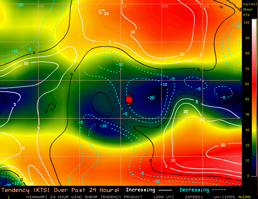 22S(MARIAN).  CIMSS Vertical Shear Magnitude :    5.9 m/s (11.4 kts) Direction :   71.8 deg Experimental Vertical Shear and TC Intensity Trend Estimates: UNFAVOURABLE OVER 24HOURS. 22S(MARIAN).  CIMSS Vertical Shear Magnitude :    5.9 m/s (11.4 kts) Direction :   71.8 deg Experimental Vertical Shear and TC Intensity Trend Estimates: UNFAVOURABLE OVER 24HOURS.