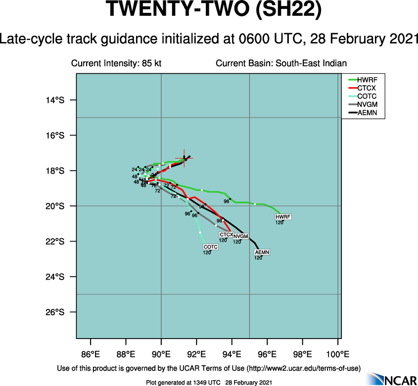 22S(MARIAN). NUMERICAL MODEL GUIDANCE IS IN GOOD  AGREEMENT THROUGH 48H WITH INCREASING UNCERTAINTY BEYOND 72H, RESULTING IN A 500KM SPREAD IN MODEL SOLUTIONS  AT 120H. THE JTWC FORECAST TRACK LIES NEAR THE MULTI-MODEL  CONSENSUS THROUGH 48H, THEN CLOSELY TRACKS THE ECMWF SOLUTION  WELL TO THE NORTH OF THE CONSENSUS THROUGH 120H. IN LIGHT OF THE  UNCERTAINTY SURROUNDING THE ULTIMATE MOTION IN THE WEAK STEERING  ENVIRONMENT AFTER TAU 24, THERE IS OVERALL LOW CONFIDENCE IN THE  JTWC FORECAST TRACK. 22S(MARIAN). NUMERICAL MODEL GUIDANCE IS IN GOOD  AGREEMENT THROUGH 48H WITH INCREASING UNCERTAINTY BEYOND 72H, RESULTING IN A 500KM SPREAD IN MODEL SOLUTIONS  AT 120H. THE JTWC FORECAST TRACK LIES NEAR THE MULTI-MODEL  CONSENSUS THROUGH 48H, THEN CLOSELY TRACKS THE ECMWF SOLUTION  WELL TO THE NORTH OF THE CONSENSUS THROUGH 120H. IN LIGHT OF THE  UNCERTAINTY SURROUNDING THE ULTIMATE MOTION IN THE WEAK STEERING  ENVIRONMENT AFTER TAU 24, THERE IS OVERALL LOW CONFIDENCE IN THE  JTWC FORECAST TRACK.