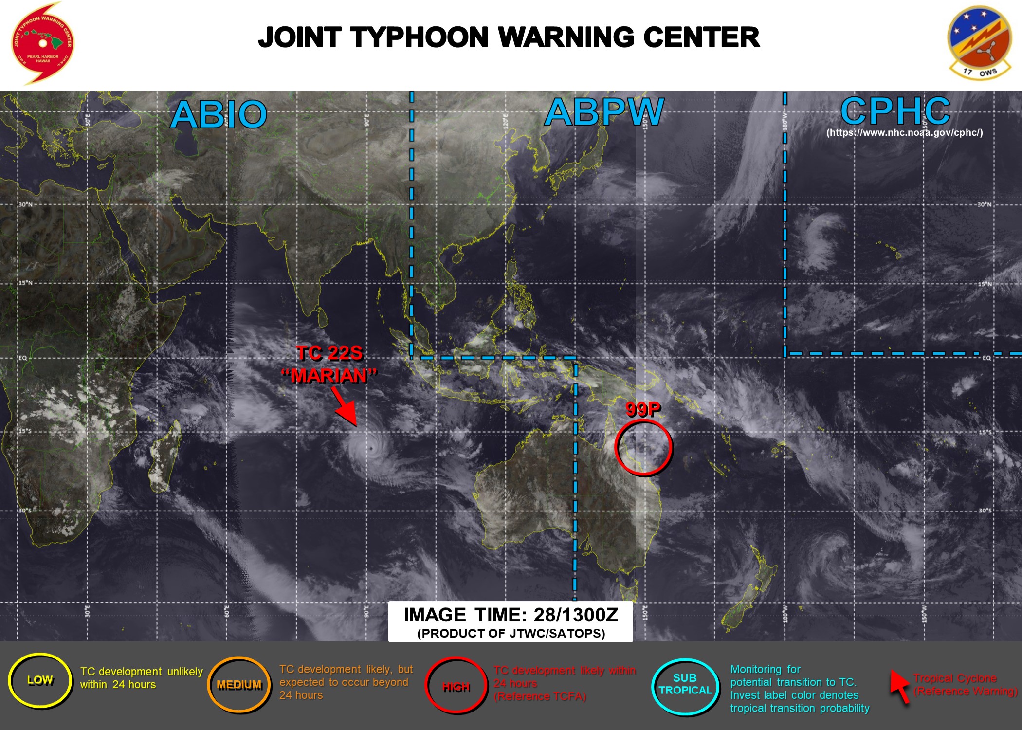 28/15UTC. JTWC HAS BEEN ISSUING 12HOURLY WARNINGS AND 3HOURLY SATELLITE BULLETINS ON TC 22S(MARIAN). INVEST 99P HAS BEEN UP-GRADED TO HIGH FOR THE NEXT 24HOURS. 28/15UTC. JTWC HAS BEEN ISSUING 12HOURLY WARNINGS AND 3HOURLY SATELLITE BULLETINS ON TC 22S(MARIAN). INVEST 99P HAS BEEN UP-GRADED TO HIGH FOR THE NEXT 24HOURS.