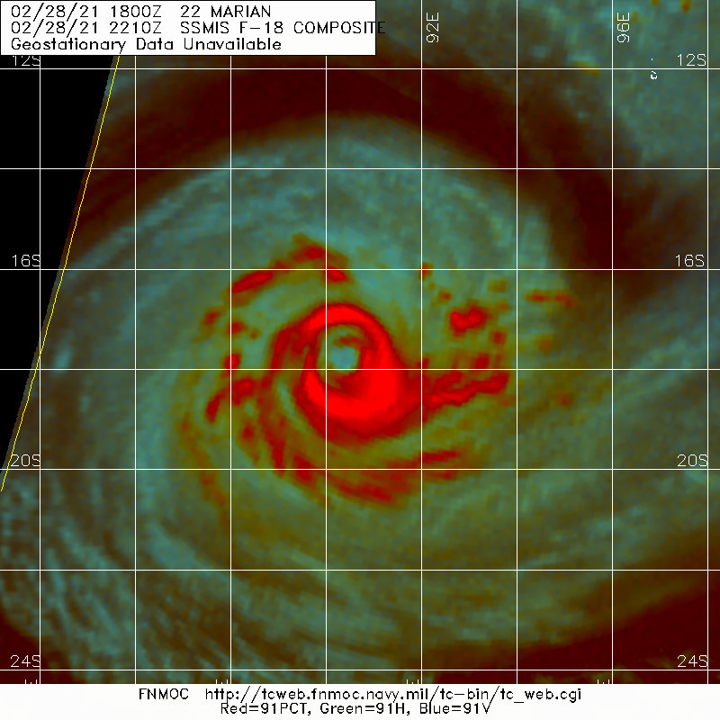 22S(MARIAN). BASED ON PREVIOUS MICROWAVE IMAGERY TO INCLUDE THE 28/0741UTC AMSR2 89GHZ IMAGE AND THE  28/1058UTC SSMIS 91GHZ IMAGE, TC 22S IS UNDERGOING AN EYEWALL  REPLACEMENT CYCLE (ERC). A 28/2210UTC SSMIS 91GHZ MICROWAVE IMAGE  SHOWS THAT THE INNER EYEWALL HAS MOSTLY ERODED WITHIN AN OBLONG  OUTER EYEWALL DOMINATING.