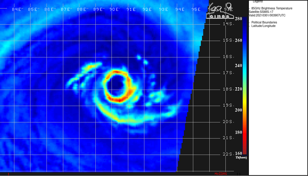 22S(MARIAN). 01/0039UTC.  THE INNER EYEWALL HAS ERODED WITHIN AN OBLONG  OUTER EYEWALL DOMINATING. 22S(MARIAN). 01/0039UTC.  THE INNER EYEWALL HAS ERODED WITHIN AN OBLONG  OUTER EYEWALL DOMINATING.