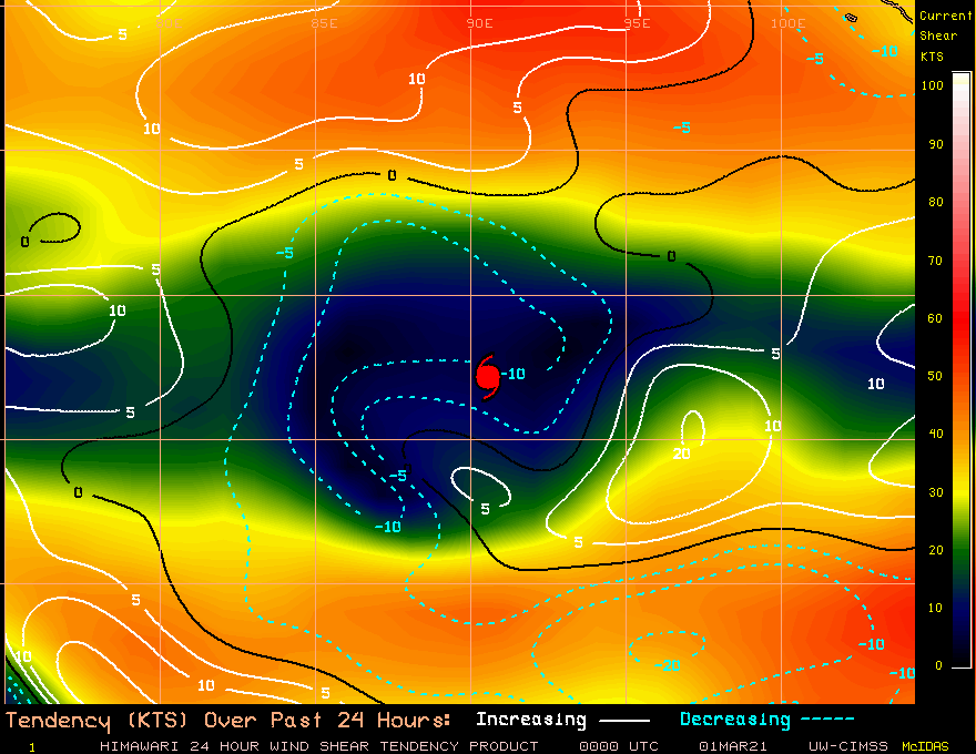22S(MARIAN). CIMSS Vertical Shear Magnitude : 3.0 m/s ( 5.9 kts) Direction :   59.0 deg Experimental Vertical Shear and TC Intensity Trend Estimates: UNFAVOURABLE OVER 24H 22S(MARIAN). CIMSS Vertical Shear Magnitude : 3.0 m/s ( 5.9 kts) Direction :   59.0 deg Experimental Vertical Shear and TC Intensity Trend Estimates: UNFAVOURABLE OVER 24H