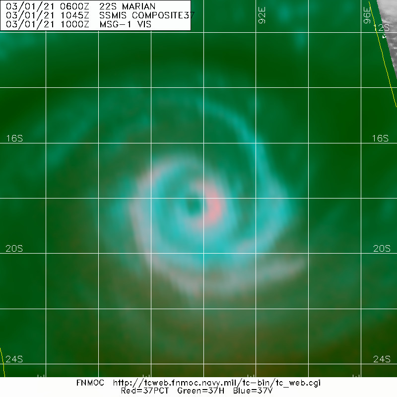 22S(MARIAN). 01/1045UTC. SSMIS 37GHZ MICROWAVE IMAGE SHOWED A WELL DEFINED MICROWAVE EYE FEATURE, WHICH LENT HIGH CONFIDENCE TO THE INITIAL  POSITION.