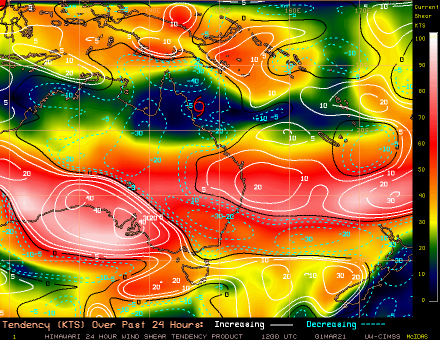 23P. 01/12UTC. CIMSS Vertical Shear Magnitude : 6.6 m/s (12.9 kts) Direction : 48.0 deg Experimental Vertical Shear and TC Intensity Trend Estimates : FAVOURABLE OVER 24H. 23P. 01/12UTC. CIMSS Vertical Shear Magnitude : 6.6 m/s (12.9 kts) Direction : 48.0 deg Experimental Vertical Shear and TC Intensity Trend Estimates : FAVOURABLE OVER 24H.