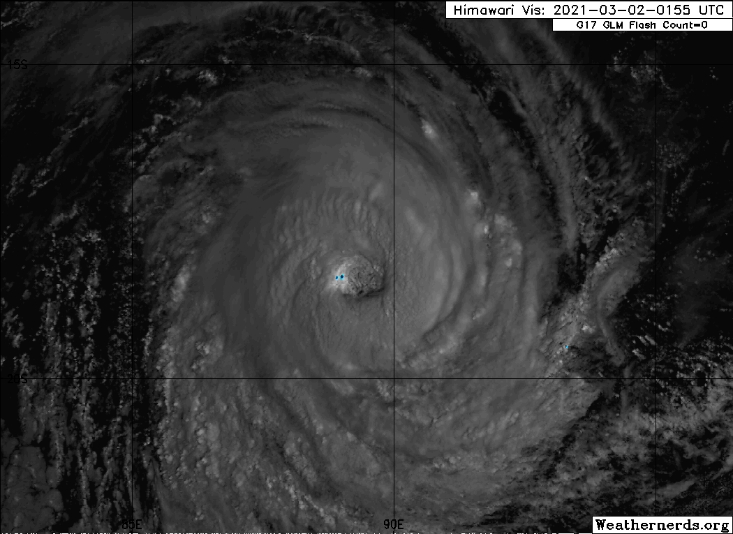 22S(MARIAN). 02/0335UTC.ANIMATED MULTISPECTRAL SATELLITE IMAGERY INDICATES THAT THE CONVECTIVE CLOUD TOPS HAVE COOLED  AND THE EYE IS BECOMING INCREASINGLY MORE RAGGED OVER THE PAST SIX  HOURS AND DECREASED IN SIZE TO 45KM. CLICK TO ANIMATE IF NECESSARY. 22S(MARIAN). 02/0335UTC.ANIMATED MULTISPECTRAL SATELLITE IMAGERY INDICATES THAT THE CONVECTIVE CLOUD TOPS HAVE COOLED  AND THE EYE IS BECOMING INCREASINGLY MORE RAGGED OVER THE PAST SIX  HOURS AND DECREASED IN SIZE TO 45KM. CLICK TO ANIMATE IF NECESSARY.