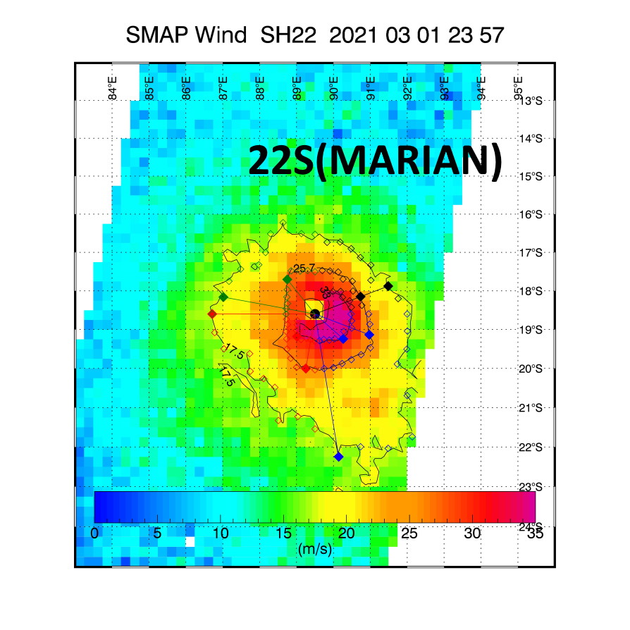 22S(MARIAN). 01/2357UTC. SMAP READ 76KNOT WINDS( 10 MINUTES). NEAR PERFECT AGREEMENT WITH THE 1MINUTE INTENSITY ESTIMATE FROM JTWC( 90KNOTS). 22S(MARIAN). 01/2357UTC. SMAP READ 76KNOT WINDS( 10 MINUTES). NEAR PERFECT AGREEMENT WITH THE 1MINUTE INTENSITY ESTIMATE FROM JTWC( 90KNOTS).