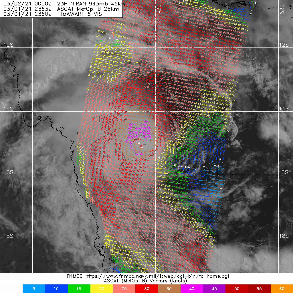 23P(NIRAN). 01/2353UTC.BULLSEYE PASS FROM METOP-B  ASCAT READ AT LEAST 40KNOT WINDS.