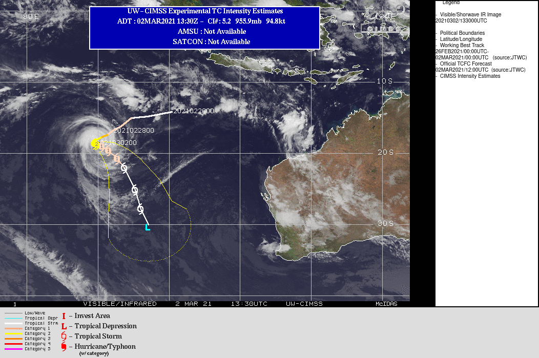 22S(MARIAN). WARNING 10 ISSUED AT 02/15UTC.THE SYSTEM IS IN A MARGINAL ENVIRONMENT WITH LOW (10-15KT) VERTICAL WIND SHEAR  AND GOOD RADIAL OUTFLOW THAT ARE OFFSET BY SUBSIDENCE ALONG THE  SOUTHWEST QUADRANT CAUSED BY THE MID-LATITUDE TROUGH TO THE  SOUTHWEST AND TEPID (26C) SEA SURFACE TEMPERATURE (SST). TC 22S IS  QUASI-STATIONARY AND SLOWLY MOVING OUT OF A COL BETWEEN THE NEAR  EQUATORIAL RIDGE (NER) TO THE NORTH-NORTHEAST AND A SUBTROPICAL  RIDGE (STR) TO THE SOUTH. THE STR TO THE SOUTH IS EXPECTED TO  WEAKEN, ALLOWING FOR A SECONDARY STR BUILDING IN FROM THE EAST TO  ASSUME STEERING AND EVENTUALLY DRIVE THE CYCLONE SOUTH- SOUTHEASTWARD. THE MARGINAL ENVIRONMENT IS EXPECTED TO GET WORSE  WITH INCREASING WIND SHEAR AND COOLING SEAS, LEADING TO GRADUAL WEAKENING  WITH INTENSITY FALLING BELOW 35KNOTS BY 120H. 22S(MARIAN). WARNING 10 ISSUED AT 02/15UTC.THE SYSTEM IS IN A MARGINAL ENVIRONMENT WITH LOW (10-15KT) VERTICAL WIND SHEAR  AND GOOD RADIAL OUTFLOW THAT ARE OFFSET BY SUBSIDENCE ALONG THE  SOUTHWEST QUADRANT CAUSED BY THE MID-LATITUDE TROUGH TO THE  SOUTHWEST AND TEPID (26C) SEA SURFACE TEMPERATURE (SST). TC 22S IS  QUASI-STATIONARY AND SLOWLY MOVING OUT OF A COL BETWEEN THE NEAR  EQUATORIAL RIDGE (NER) TO THE NORTH-NORTHEAST AND A SUBTROPICAL  RIDGE (STR) TO THE SOUTH. THE STR TO THE SOUTH IS EXPECTED TO  WEAKEN, ALLOWING FOR A SECONDARY STR BUILDING IN FROM THE EAST TO  ASSUME STEERING AND EVENTUALLY DRIVE THE CYCLONE SOUTH- SOUTHEASTWARD. THE MARGINAL ENVIRONMENT IS EXPECTED TO GET WORSE  WITH INCREASING WIND SHEAR AND COOLING SEAS, LEADING TO GRADUAL WEAKENING  WITH INTENSITY FALLING BELOW 35KNOTS BY 120H.