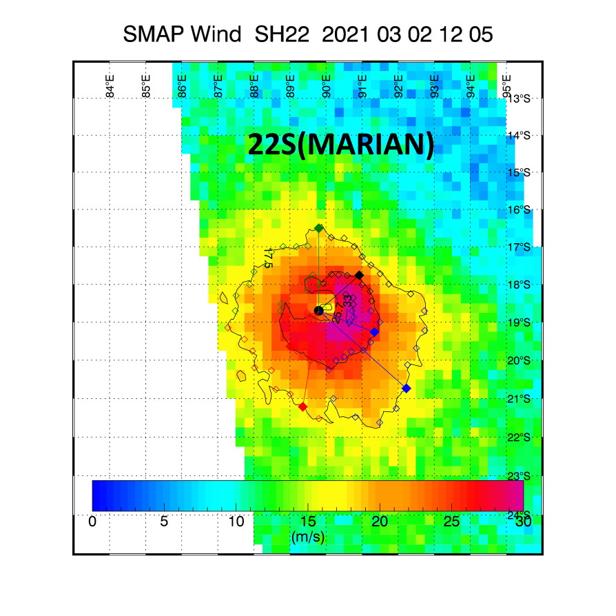 22S(MARIAN). 02/1205UTC. SMAP(NASA) READ 67KNOT WINDS(10 MINUTES). IT SUGGESTS A CURRENT INTENSITY SLIGHTLY LOWER THAN THE 12UTC JTWC ESTIMATE, 75/80KNOTS(1 MINUTE) INSTEAD OF 90KNOTS. 22S(MARIAN). 02/1205UTC. SMAP(NASA) READ 67KNOT WINDS(10 MINUTES). IT SUGGESTS A CURRENT INTENSITY SLIGHTLY LOWER THAN THE 12UTC JTWC ESTIMATE, 75/80KNOTS(1 MINUTE) INSTEAD OF 90KNOTS.