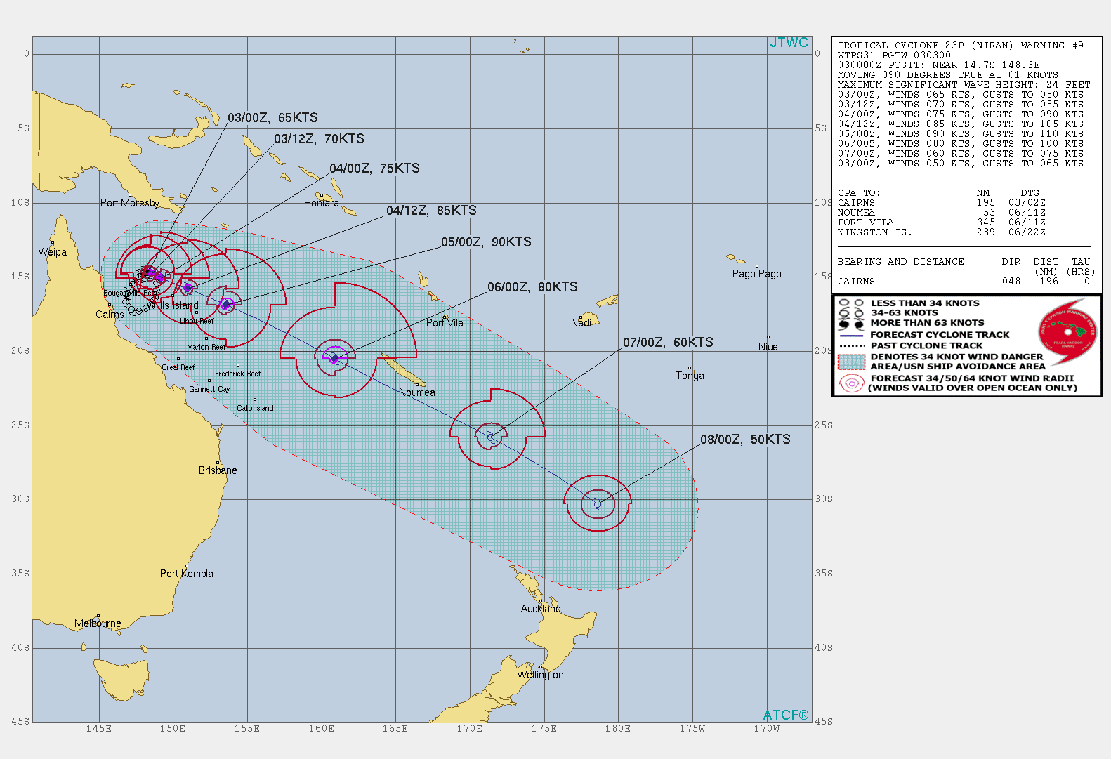 23P(NIRAN). WARNING 9 ISSUED AT 03/03UTC. THE ENVIRONMENT REMAINS OVERALL MARGINALLY FAVORABLE  WITH MODERATE (15-20KT) VERTICAL WIND SHEAR, VERY WARM (29-30C)  SSTS, AND FAIR RADIAL OUTFLOW ALOFT. TC 23P REMAINS QUASI-STATIONARY  AND DRIFTING SLOWLY TO THE EAST-SOUTHEAST AS IT REMAINS IN A COMPLEX  STEERING ENVIRONMENT BETWEEN THE NEAR EQUATORIAL RIDGE (NER) TO THE  NORTHEAST AND THE SUBTROPICAL RIDGE TO THE WEST OVER AUSTRALIA. ONCE  THE NER BECOMES THE DOMINANT STEERING MECHANISM AND NUDGES THE  SYSTEM OUT OF THE AREA IN THE NEXT 12 HOURS EXPECT THE SYSTEM TO  EJECT TO THE SOUTHEAST. THE SYSTEM IS DUE TO MOVE RAPIDLY TO THE  SOUTHEAST AND PASS SOUTH OF NEW CALEDONIA BETWEEN 72H AND 96H. THE  ENVIRONMENT WILL BECOME MORE FAVORABLE IN THE NEXT 24 HOURS WITH AN  INCREASE OF POLEWARD OUTFLOW AND PROMOTE AN INCREASE IN  INTENSIFICATION TO A PEAK OF 90KNOTS/US CATEGORY 2 BY 48H. AFTERWARD, INCREASING  WIND SHEAR AND COOLING SEAS WILL BEGIN TO ERODE THE CYCLONE DOWN TO 50KNOTS  BY 120H. NEAR 96H THE SYSTEM WILL ENTER THE BAROCLINIC ZONE  AND BEGIN EXTRA-TROPICAL TRANSITION AND COMPLETE TRANSITION BY 120H. 23P(NIRAN). WARNING 9 ISSUED AT 03/03UTC. THE ENVIRONMENT REMAINS OVERALL MARGINALLY FAVORABLE  WITH MODERATE (15-20KT) VERTICAL WIND SHEAR, VERY WARM (29-30C)  SSTS, AND FAIR RADIAL OUTFLOW ALOFT. TC 23P REMAINS QUASI-STATIONARY  AND DRIFTING SLOWLY TO THE EAST-SOUTHEAST AS IT REMAINS IN A COMPLEX  STEERING ENVIRONMENT BETWEEN THE NEAR EQUATORIAL RIDGE (NER) TO THE  NORTHEAST AND THE SUBTROPICAL RIDGE TO THE WEST OVER AUSTRALIA. ONCE  THE NER BECOMES THE DOMINANT STEERING MECHANISM AND NUDGES THE  SYSTEM OUT OF THE AREA IN THE NEXT 12 HOURS EXPECT THE SYSTEM TO  EJECT TO THE SOUTHEAST. THE SYSTEM IS DUE TO MOVE RAPIDLY TO THE  SOUTHEAST AND PASS SOUTH OF NEW CALEDONIA BETWEEN 72H AND 96H. THE  ENVIRONMENT WILL BECOME MORE FAVORABLE IN THE NEXT 24 HOURS WITH AN  INCREASE OF POLEWARD OUTFLOW AND PROMOTE AN INCREASE IN  INTENSIFICATION TO A PEAK OF 90KNOTS/US CATEGORY 2 BY 48H. AFTERWARD, INCREASING  WIND SHEAR AND COOLING SEAS WILL BEGIN TO ERODE THE CYCLONE DOWN TO 50KNOTS  BY 120H. NEAR 96H THE SYSTEM WILL ENTER THE BAROCLINIC ZONE  AND BEGIN EXTRA-TROPICAL TRANSITION AND COMPLETE TRANSITION BY 120H.