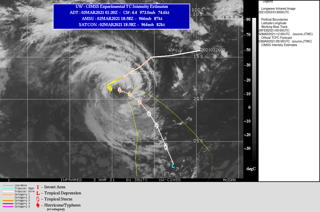 22S(MARIAN). WARNING 11 ISSUED AT 03/03UTC. THE SYSTEM EXISTS IN AN INCREASINGLY HOSTILE ENVIRONMENT WITH HIGH (25- 30KTS) VERTICAL WIND SHEAR AND WEAK RADIAL OUTFLOW, ALONG WITH  SEA SURFACE TEMPERATURES NEAR 26C WHICH ARE COOLING AS THE  SYSTEM DRIFTS FURTHER TO THE SOUTH-SOUTHEAST. TC 22S IS IN A WEAK  STEERING ENVIRONMENT AND REMAINS QUASI-STATIONARY, SLOWLY DRIFTING  SOUTH-SOUTHEAST AS A COMPETING NEAR EQUATORIAL RIDGE (NER) TO THE  NORTH-NORTHEAST AND A SUBTROPICAL RIDGE (STR) TO THE SOUTH STRUGGLE  TO STEER THE SYSTEM FROM ITS CURRENT POSITION. THE STR TO THE SOUTH  IS EXPECTED TO WEAKEN WITHIN THE NEXT 12 TO 24 HOURS AS A SECONDARY  STR BUILDS IN FROM THE EAST AND ASSUMES THE STEERING AND EVENTUALLY  DRIVES THE CYCLONE SOUTH-SOUTHEASTWARD. THE ENVIRONMENT WILL  CONTINUE TO DETERIORATE FOR TC 22S AS IT MOVES TO THE SOUTH WITH  INCREASING VERTICAL WIND SHEAR AND COOLING SEAS, LEADING TO FURTHER WEAKENING AND  EVENTUAL DISSIPATION BY 96H. 22S(MARIAN). WARNING 11 ISSUED AT 03/03UTC. THE SYSTEM EXISTS IN AN INCREASINGLY HOSTILE ENVIRONMENT WITH HIGH (25- 30KTS) VERTICAL WIND SHEAR AND WEAK RADIAL OUTFLOW, ALONG WITH  SEA SURFACE TEMPERATURES NEAR 26C WHICH ARE COOLING AS THE  SYSTEM DRIFTS FURTHER TO THE SOUTH-SOUTHEAST. TC 22S IS IN A WEAK  STEERING ENVIRONMENT AND REMAINS QUASI-STATIONARY, SLOWLY DRIFTING  SOUTH-SOUTHEAST AS A COMPETING NEAR EQUATORIAL RIDGE (NER) TO THE  NORTH-NORTHEAST AND A SUBTROPICAL RIDGE (STR) TO THE SOUTH STRUGGLE  TO STEER THE SYSTEM FROM ITS CURRENT POSITION. THE STR TO THE SOUTH  IS EXPECTED TO WEAKEN WITHIN THE NEXT 12 TO 24 HOURS AS A SECONDARY  STR BUILDS IN FROM THE EAST AND ASSUMES THE STEERING AND EVENTUALLY  DRIVES THE CYCLONE SOUTH-SOUTHEASTWARD. THE ENVIRONMENT WILL  CONTINUE TO DETERIORATE FOR TC 22S AS IT MOVES TO THE SOUTH WITH  INCREASING VERTICAL WIND SHEAR AND COOLING SEAS, LEADING TO FURTHER WEAKENING AND  EVENTUAL DISSIPATION BY 96H.