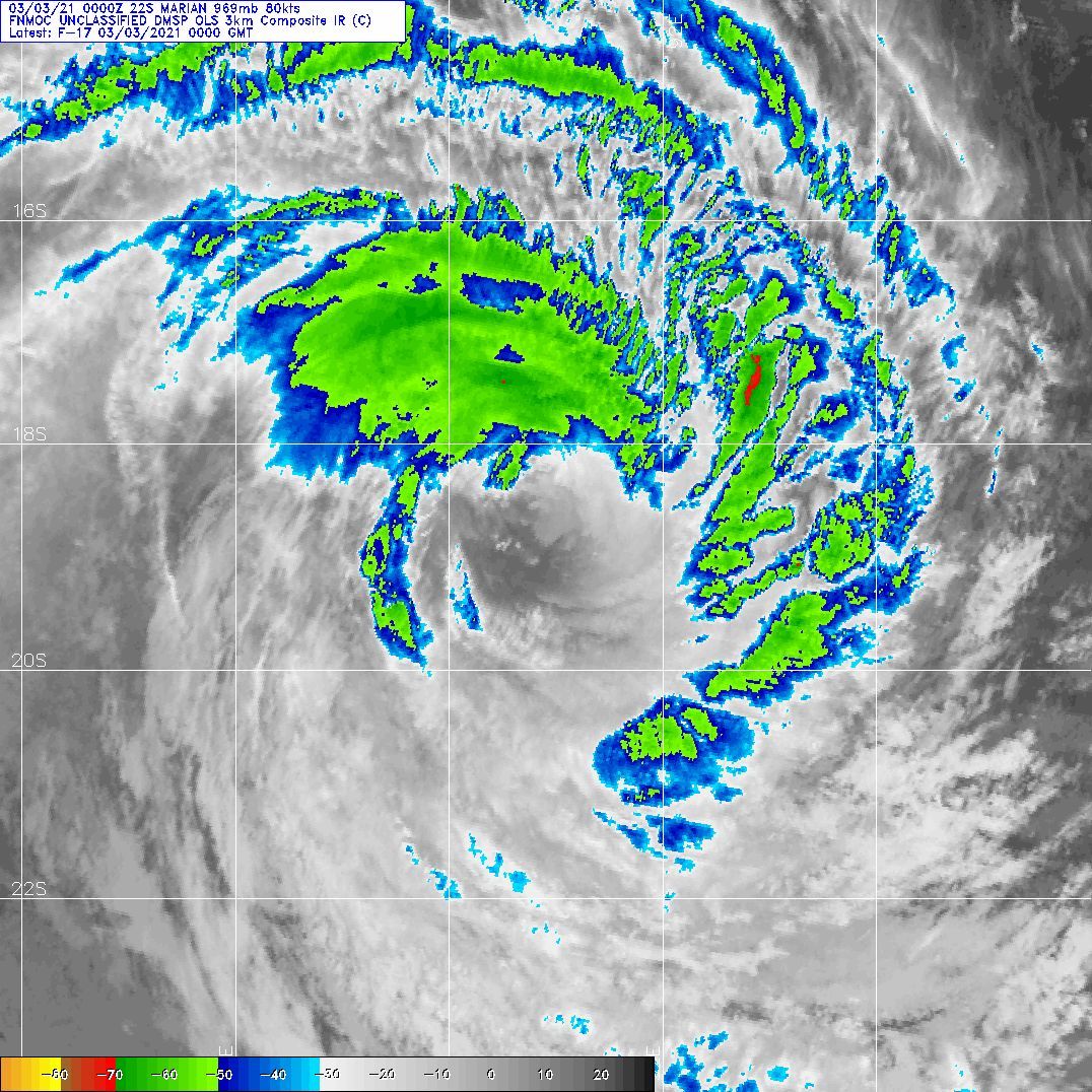 22S(MARIAN). 03/00UTC. DMSP. ANIMATED MULTISPECTRAL SATELLITE IMAGERY AND ENHANCED INFRARED  SATELLITE IMAGERY INDICATE THE SYSTEM IS BEGINNING TO WEAKEN  AS THE MAIN CONVECTIVE CLOUD TOPS ARE WARMING AND THE EYEWALL IS  ERODING AND BECOMING MORE RAGGED. 22S(MARIAN). 03/00UTC. DMSP. ANIMATED MULTISPECTRAL SATELLITE IMAGERY AND ENHANCED INFRARED  SATELLITE IMAGERY INDICATE THE SYSTEM IS BEGINNING TO WEAKEN  AS THE MAIN CONVECTIVE CLOUD TOPS ARE WARMING AND THE EYEWALL IS  ERODING AND BECOMING MORE RAGGED.