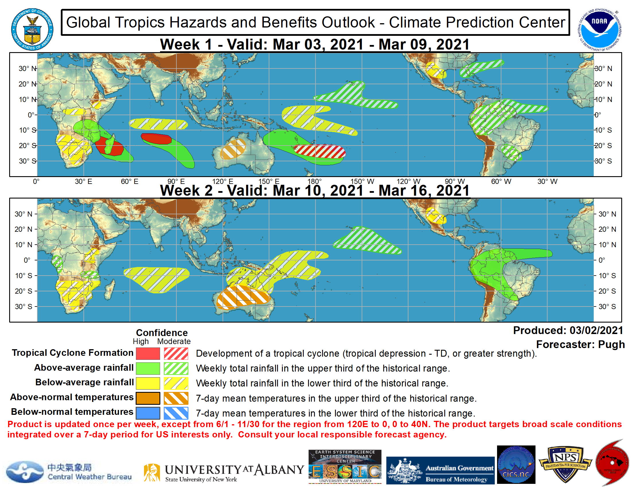 NOAA. ISSUED AT 02/1830UTC. Global Tropics Hazards and Benefits Outlook Discussion Last Updated: 03.02.21 	Valid: 03.03.21 - 03.16.21 Recent observations depict a more coherent MJO, with 200-hPa velocity potential anomalies exhibiting a Wave-1 pattern featuring the most anomalous upper-level divergence (convergence) centered over the West Pacific (Atlantic and Africa). The GEFS and ECMWF models are in good agreement that this MJO propagates eastward from the West Pacific to the Western Hemisphere during early to mid-March. Although there is spread among their ensemble members with the MJO amplitude, forecast confidence is higher than in previous weeks that the MJO influences global tropical rainfall along with tropical cyclone development during weeks 1 and 2. Therefore, MJO precipitation composites for phases 7, 8, and 1 were used in drafting this week�s outlook. In addition to the MJO, the ongoing La Nina is also likely to remain a contributor to anomalous tropical rainfall during March.  A couple of tropical cyclones (TCs) developed during late February. Tropical Cyclone Marian, which initially formed to the south of Java, tracked westward and strengthened over the South Indian Ocean. As of 12Z March 2, Marian has sustained winds of 90 knots and is located at 18.7S/89.8E and is forecast to gradually weaken later in week-1 as it tracks poleward. Tropical Cyclone Niran has remained nearly stationary to the east of Cairns, Australia. The Joint Typhoon Warning Center calls for Niran to begin accelerating southeastward and could track over or near New Caledonia on March 5 or 6. During week-1, multiple TCs are forecast to develop across parts of the South Indian Ocean and South Pacific. A weak area of low pressure is currently located over the Mozambique Channel, while another surface low is located to the east of Madagascar. Based on good model continuity and agreement, high confidence exists that both of these areas of low pressure become TCs from March 3-9. Meanwhile, the enhanced phase of the MJO and model guidance also support at least a moderate confidence of TC development over the South Pacific during week-1. Following this continued active period through early March, a less favorable large-scale environment is expected for TC development during week-2, as anomalous upper-level convergence is expected to overspread the Indian Ocean, Australia, and the South Pacific.  Favored areas of above and below median precipitation are based on: predicted tracks of TCs, a model consensus, MJO precipitation composites (phases 7, 8, and 1) and typical influences from La Nina. Much of the above median precipitation (week-1) across the Indian Ocean and South Pacific is related to either ongoing TCs and/or the additional development of TCs. An overall drying trend is anticipated across the Indian Ocean, Australia, and Southwest Pacific during week-2. Parts of South America are likely to see a wetter pattern during the next two weeks, with an increased risk of heavy rainfall and flooding, especially for Ecuador, Peru, and southern Colombia. Following near to below normal temperatures during late February, above normal temperatures are likely for Western Australia and the Northern Territory of Australia during early March with an expansion of these above normal temperatures forecast across much of Australia by week-2.  During week-1, a suppressed mid-latitude low pressure system interacting with an enhanced moisture feed from the subtropics favors above median precipitation from the Florida Peninsula northeast to Bermuda. Consistent with ongoing La Nina conditions, below median precipitation is favored for parts of the southwestern United States and northern Mexico during weeks 1 and 2. For hazardous weather concerns during the upcoming two weeks across the U.S. please refer to your local NWS Forecast Office, the Weather Prediction Center's Medium Range Hazards Forecast, and CPC's Week-2 U.S. Hazards Outlook. Forecasts over Africa are made in consultation with the International Desk at CPC and can represent local-scale conditions in addition to global-scale variability. NOAA. ISSUED AT 02/1830UTC. Global Tropics Hazards and Benefits Outlook Discussion Last Updated: 03.02.21 	Valid: 03.03.21 - 03.16.21 Recent observations depict a more coherent MJO, with 200-hPa velocity potential anomalies exhibiting a Wave-1 pattern featuring the most anomalous upper-level divergence (convergence) centered over the West Pacific (Atlantic and Africa). The GEFS and ECMWF models are in good agreement that this MJO propagates eastward from the West Pacific to the Western Hemisphere during early to mid-March. Although there is spread among their ensemble members with the MJO amplitude, forecast confidence is higher than in previous weeks that the MJO influences global tropical rainfall along with tropical cyclone development during weeks 1 and 2. Therefore, MJO precipitation composites for phases 7, 8, and 1 were used in drafting this week�s outlook. In addition to the MJO, the ongoing La Nina is also likely to remain a contributor to anomalous tropical rainfall during March.  A couple of tropical cyclones (TCs) developed during late February. Tropical Cyclone Marian, which initially formed to the south of Java, tracked westward and strengthened over the South Indian Ocean. As of 12Z March 2, Marian has sustained winds of 90 knots and is located at 18.7S/89.8E and is forecast to gradually weaken later in week-1 as it tracks poleward. Tropical Cyclone Niran has remained nearly stationary to the east of Cairns, Australia. The Joint Typhoon Warning Center calls for Niran to begin accelerating southeastward and could track over or near New Caledonia on March 5 or 6. During week-1, multiple TCs are forecast to develop across parts of the South Indian Ocean and South Pacific. A weak area of low pressure is currently located over the Mozambique Channel, while another surface low is located to the east of Madagascar. Based on good model continuity and agreement, high confidence exists that both of these areas of low pressure become TCs from March 3-9. Meanwhile, the enhanced phase of the MJO and model guidance also support at least a moderate confidence of TC development over the South Pacific during week-1. Following this continued active period through early March, a less favorable large-scale environment is expected for TC development during week-2, as anomalous upper-level convergence is expected to overspread the Indian Ocean, Australia, and the South Pacific.  Favored areas of above and below median precipitation are based on: predicted tracks of TCs, a model consensus, MJO precipitation composites (phases 7, 8, and 1) and typical influences from La Nina. Much of the above median precipitation (week-1) across the Indian Ocean and South Pacific is related to either ongoing TCs and/or the additional development of TCs. An overall drying trend is anticipated across the Indian Ocean, Australia, and Southwest Pacific during week-2. Parts of South America are likely to see a wetter pattern during the next two weeks, with an increased risk of heavy rainfall and flooding, especially for Ecuador, Peru, and southern Colombia. Following near to below normal temperatures during late February, above normal temperatures are likely for Western Australia and the Northern Territory of Australia during early March with an expansion of these above normal temperatures forecast across much of Australia by week-2.  During week-1, a suppressed mid-latitude low pressure system interacting with an enhanced moisture feed from the subtropics favors above median precipitation from the Florida Peninsula northeast to Bermuda. Consistent with ongoing La Nina conditions, below median precipitation is favored for parts of the southwestern United States and northern Mexico during weeks 1 and 2. For hazardous weather concerns during the upcoming two weeks across the U.S. please refer to your local NWS Forecast Office, the Weather Prediction Center's Medium Range Hazards Forecast, and CPC's Week-2 U.S. Hazards Outlook. Forecasts over Africa are made in consultation with the International Desk at CPC and can represent local-scale conditions in addition to global-scale variability.
