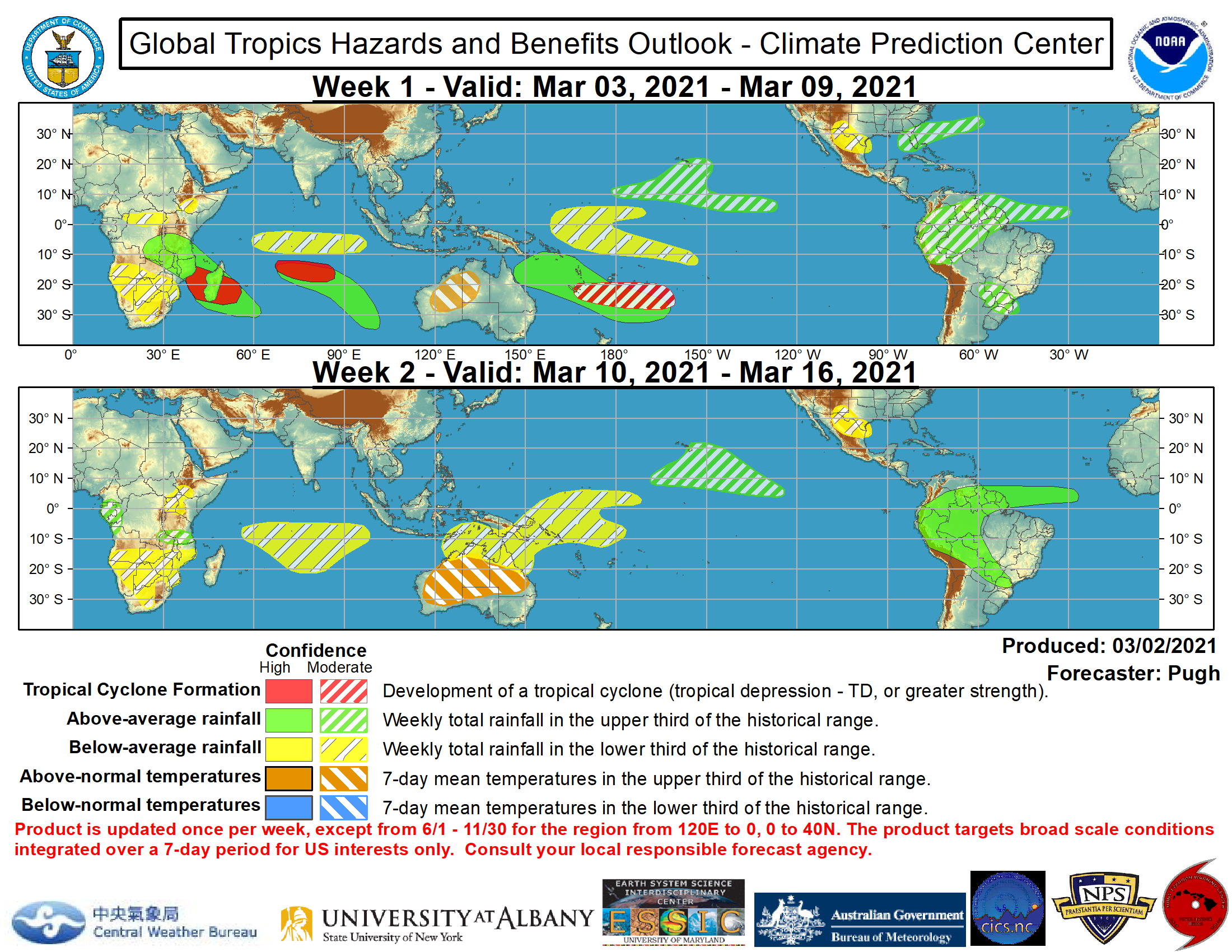 NOAA. ISSUED AT 02/1830UTC. Global Tropics Hazards and Benefits Outlook Discussion Last Updated: 03.02.21 	Valid: 03.03.21 - 03.16.21 Recent observations depict a more coherent MJO, with 200-hPa velocity potential anomalies exhibiting a Wave-1 pattern featuring the most anomalous upper-level divergence (convergence) centered over the West Pacific (Atlantic and Africa). The GEFS and ECMWF models are in good agreement that this MJO propagates eastward from the West Pacific to the Western Hemisphere during early to mid-March. Although there is spread among their ensemble members with the MJO amplitude, forecast confidence is higher than in previous weeks that the MJO influences global tropical rainfall along with tropical cyclone development during weeks 1 and 2. Therefore, MJO precipitation composites for phases 7, 8, and 1 were used in drafting this week�s outlook. In addition to the MJO, the ongoing La Nina is also likely to remain a contributor to anomalous tropical rainfall during March.  A couple of tropical cyclones (TCs) developed during late February. Tropical Cyclone Marian, which initially formed to the south of Java, tracked westward and strengthened over the South Indian Ocean. As of 12Z March 2, Marian has sustained winds of 90 knots and is located at 18.7S/89.8E and is forecast to gradually weaken later in week-1 as it tracks poleward. Tropical Cyclone Niran has remained nearly stationary to the east of Cairns, Australia. The Joint Typhoon Warning Center calls for Niran to begin accelerating southeastward and could track over or near New Caledonia on March 5 or 6. During week-1, multiple TCs are forecast to develop across parts of the South Indian Ocean and South Pacific. A weak area of low pressure is currently located over the Mozambique Channel, while another surface low is located to the east of Madagascar. Based on good model continuity and agreement, high confidence exists that both of these areas of low pressure become TCs from March 3-9. Meanwhile, the enhanced phase of the MJO and model guidance also support at least a moderate confidence of TC development over the South Pacific during week-1. Following this continued active period through early March, a less favorable large-scale environment is expected for TC development during week-2, as anomalous upper-level convergence is expected to overspread the Indian Ocean, Australia, and the South Pacific.  Favored areas of above and below median precipitation are based on: predicted tracks of TCs, a model consensus, MJO precipitation composites (phases 7, 8, and 1) and typical influences from La Nina. Much of the above median precipitation (week-1) across the Indian Ocean and South Pacific is related to either ongoing TCs and/or the additional development of TCs. An overall drying trend is anticipated across the Indian Ocean, Australia, and Southwest Pacific during week-2. Parts of South America are likely to see a wetter pattern during the next two weeks, with an increased risk of heavy rainfall and flooding, especially for Ecuador, Peru, and southern Colombia. Following near to below normal temperatures during late February, above normal temperatures are likely for Western Australia and the Northern Territory of Australia during early March with an expansion of these above normal temperatures forecast across much of Australia by week-2.  During week-1, a suppressed mid-latitude low pressure system interacting with an enhanced moisture feed from the subtropics favors above median precipitation from the Florida Peninsula northeast to Bermuda. Consistent with ongoing La Nina conditions, below median precipitation is favored for parts of the southwestern United States and northern Mexico during weeks 1 and 2. For hazardous weather concerns during the upcoming two weeks across the U.S. please refer to your local NWS Forecast Office, the Weather Prediction Center's Medium Range Hazards Forecast, and CPC's Week-2 U.S. Hazards Outlook. Forecasts over Africa are made in consultation with the International Desk at CPC and can represent local-scale conditions in addition to global-scale variability.