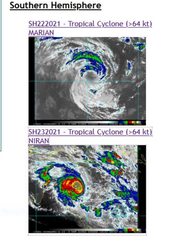 03/0245UTC. TC 23P(NIRAN) AND TC 22S(MARIAN) ARE BOTH ANALYZED AT US/CATEGORY 1 BUT 23P IS INTENSIFYING WHEREAS 22S IS WEAKENING AFTER HAVING BRIEFLY REACHED CATEGORY 3 BY 28/12UTC.