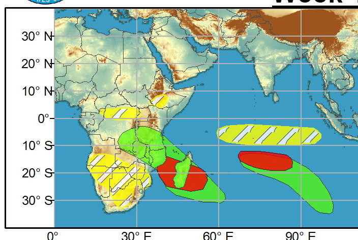 Semaine 1. 2 zones sont suspectées pour une cyclogenèse sur le Sud Indien. Elles apparaissent en rouge comme disposant d'une bonne chance de développement. Une autre est aussi repérée sur le Sud Pacifique au Sud des îles Fidji mais avec un potentiel apparemment mois élevé. NOAA.