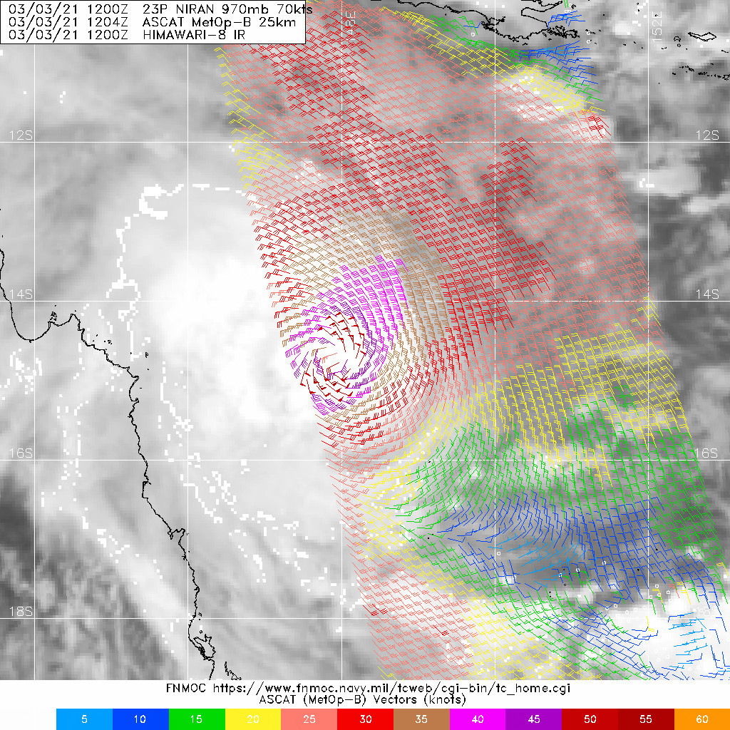 23P(NIRAN). 03/1204UTC.ASCAT PASS CORROBORATES THE   QUASI-STATIONARY MOTION OF THE CYCLONE.
