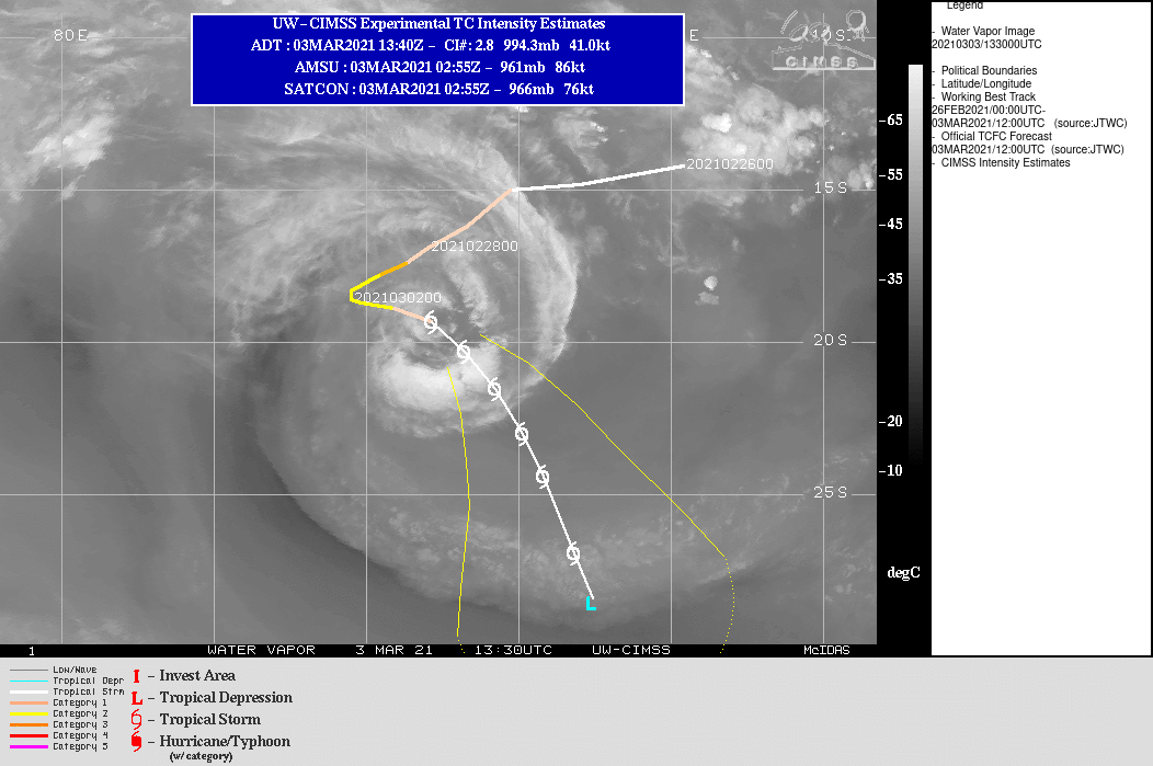 22S(MARIAN). WARNING 12 ISSUED AT 03/15UTC.THE SYSTEM IS IN A DETERIORATING ENVIRONMENT WITH INCREASING VERTICAL WIND SHEAR  (15KTS+) AND COOLING SSTS (25C). TC 22S HAS MOVED OUT OF THE COL  BETWEEN THE NEAR EQUATORIAL RIDGE (NER)TO THE NORTH-NORTHEAST AND A  SUBTROPICAL RIDGE (STR) TO THE SOUTH WHICH HAS WEAKENED AND ALLOWED  A SECONDARY STR TO BUILD IN FROM THE EAST AND ASSUME STEERING. THIS  NEW STR WILL DRIVE THE CYCLONE SOUTH-SOUTHEASTWARD FOR THE WHOLE  DURATION OF THE FORECAST. THE HARSH ENVIRONMENT WILL CONTINUE THE  GRADUAL WEAKENING AND EVENTUALLY THE INTENSITY FALLING BELOW 35KNOTS BY 96H,  POSSIBLY SOONER.
