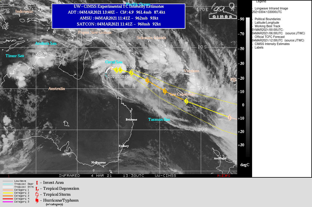 23P(NIRAN). WARNING 15 ISSUED AT 04/15UTC. AS THE RECENT JOG TO THE EAST INDICATES, THE SYSTEM REMAINS IN A RELATIVELY WEAK  STEERING ENVIRONMENT BETWEEN THE SUBTROPICAL RIDGE (STR) TO THE WEST  AND A NEAR EQUATORIAL RIDGE (NER) TO THE EAST. OVER THE NEXT FEW  HOURS HOWEVER, THE NER SHOULD GAIN PREDOMINANCE AS THE PRIMARY  STEERING MECHANISM, RESULTING IN A SOUTHEASTWARD TRACK. ONCE  ESTABLISHED ON THE SOUTHEASTWARD TRACK, TC 23P WILL STEADILY  ACCELERATE AS IT BECOMES EMBEDDED WITHIN THE STRONG GRADIENT BETWEEN  THE BUILDING RIDGE TO THE EAST AND AN APPROACHING MID-LATITUDE MAJOR  SHORTWAVE TROUGH APPROACHING FROM THE WEST. THE SYSTEM IS EXPECTED  TO INTENSIFY TO A PEAK OF 110 KNOTS US/CATEGORY 3 BY 24H AS IT ENTERS A SHORT  PERIOD OF VERY STRONG POLEWARD OUTFLOW AND RELATIVELY LOW WIND SHEAR. THIS  INTENSIFICATION WILL BE SHORT-LIVED AND BY 36H, THE STEADILY  INCREASING WIND SHEAR AND COOLER SEAS WILL CONSPIRE TO WEAKEN THE SYSTEM AS  IT RAPIDLY TRANSLATES TO THE SOUTHEAST. TC 23P IS FORECAST TO BEGIN  SUBTROPICAL TRANSITION BY 48H AND COMPLETE TRANSITION TO A STORM  FORCE SUBTROPICAL LOW BY 72H.