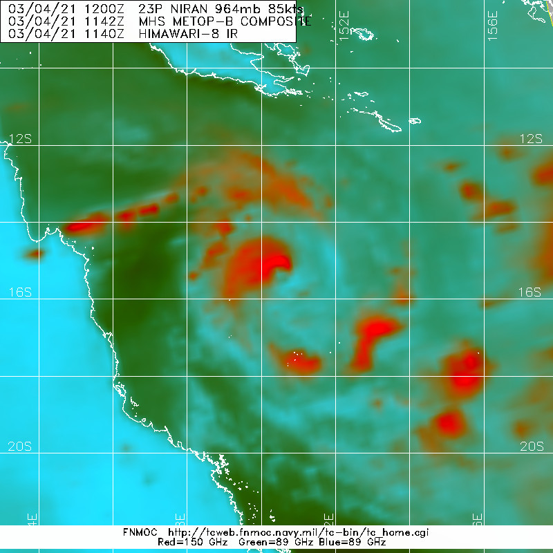 23P(NIRAN). ANIMATED ENHANCED INFRARED (EIR) SATELLITE IMAGERY SHOWS THAT THE EYE THAT WAS SO CLEARLY EVIDENT SIX  HOURS AGO HAS NOW COMPLETELY FILLED. THE CONVECTIVE STRUCTURE HAS ALSO DETERIORATED OVER THE PAST SIX HOURS, WITH LITTLE IN THE WAY OF  DEEP CONVECTION IN THE SOUTHERN AND SOUTHWESTERN QUADRANTS, AS  CONFIRMED BY A 101142Z AMSU-B 89GHZ COLOR COMPOSITE IMAGE SHOWING A  CURVED BAND OF CONVECTION TO THE NORTH AND A ONLY LOW LEVEL BANDS  WRAPPING IN FROM THE SOUTH. THE SATELLITE DATA ALSO CONFIRMS A  MODERATE EASTERLY WIND SHEAR, INDICATED BY THE SHARP UP-SHEAR  (EASTERN) EDGE OF THE CONVECTIVE CLOUD STRUCTURE. ANIMATED RADAR  DATA FROM WILLIS ISLAND CONFIRMED THE RECENT EASTWARD JOG OF THE LOW  LEVEL CIRCULATION CENTER (LLCC) AND LENT HIGH CONFIDENCE TO THE  INITIAL POSITION.