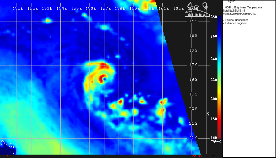 23P(NIRAN). 05/0630UTC.MICROWAVE IMAGE SHOWED THAT THE DEEP CONVECTION DOES NOT EXTEND ALL THE WAY  AROUND THE SYSTEM, WITH A DISTINCT BREAK IN THE EYEWALL ON THE  SOUTHEASTERN SIDE, INDICATIVE OF INCREASING EASTERLY WIND SHEAR. THE  INITIAL POSITION IS PLACED WITH HIGH CONFIDENCE BASED ON BOTH THE  SSMIS MICROWAVE IMAGE AND THE 19KM EYE IN THE INFRARED IMAGERY.
