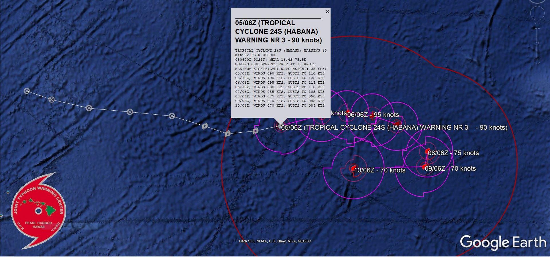 24S(HABANA). WARNING 3 ISSUED AT 05/09UTC. DUE TO THE EXTREMELY RAPID INTENSIFICATION (ERI),THE ENVIRONMENT IS OBVIOUSLY VERY FAVORABLE WITH VERY LOW  (5-7 KTS) WIND SHEAR, STRONG POLEWARD AND MODERATE EQUATORWARD OUTFLOW AND  WARM (29-30C) SSTS. TC 24S IS CURRENTLY TRACKING ALONG THE SOUTHERN  PERIPHERY OF A STRONG NEAR EQUATORIAL RIDGE (NER) ENTRENCHED TO THE  NORTH. THE SYSTEM IS EXPECTED TO CONTINUE TRACKING EAST-NORTHEAST  THROUGH 24H BUT TURN EAST AS THE NER FLATTENS OUT BY 24H.  THROUGH 72H A STR BUILDS EQUATORWARD TO THE EAST, FORCING A TURN  TO THE SOUTH. THEREAFTER A STRONG STR WILL BUILD IN TO THE SOUTH AND  TURN TC 24S ONTO A WESTWARD TRACK THROUGH THE REMAINDER OF THE  FORECAST. WHILE THERE IS HIGH UNCERTAINTY IN THE INTENSITY FORECAST  DUE TO THE UNEXPECTED ERI, THE RAPID INTENSIFICATION GUIDANCE IS  STILL BEING TRIPPED AND THE PRESENCE OF THE CYAN RING IN THE 37GHZ  MICROWAVE IMAGERY IS INDICATIVE OF POSSIBLE ADDITIONAL DEVELOPMENT.  THE FORECAST CALLS FOR THE SYSTEM TO REACH A PEAK OF 100 KNOTS/US CATEGORY 3 BY 12H BEFORE STARTING A SLOW WEAKENING TREND THROUGH THE REMAINDER OF  THE FORECAST, PRIMARILY IN RESPONSE TO A DECREASE IN UPPER-LEVEL  OUTFLOW AND SOME MID-LEVEL DRY AIR ENTRAINMENT.