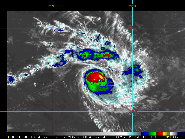 24S(HABANA). 05/0815UTC.ANIMATED ENHANCED INFRARED SATELLITE IMAGERY SHOWS THAT TC 24S HAS UNDERGONE A CYCLE OF  EXTREMELY RAPID INTENSIFICATION (ERI) OVER THE PREVIOUS SIX HOURS. A  SMALL 19KM WIDE EYE FEATURE DEVELOPED JUST PRIOR TO 0600UTC WITH DEEP  CONVECTION COMPLETELY SURROUNDING THE VERY SMALL AND INTENSE CORE.