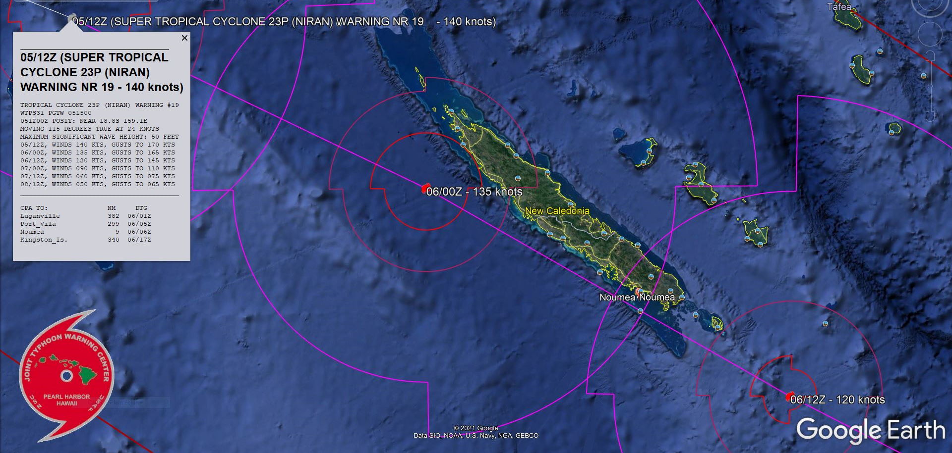 23P(NIRAN). WARNING 19. FORECAST CLOSEST POINT OF APPROACH TO NOUMEA IS 17KM BY 06/06UTC.