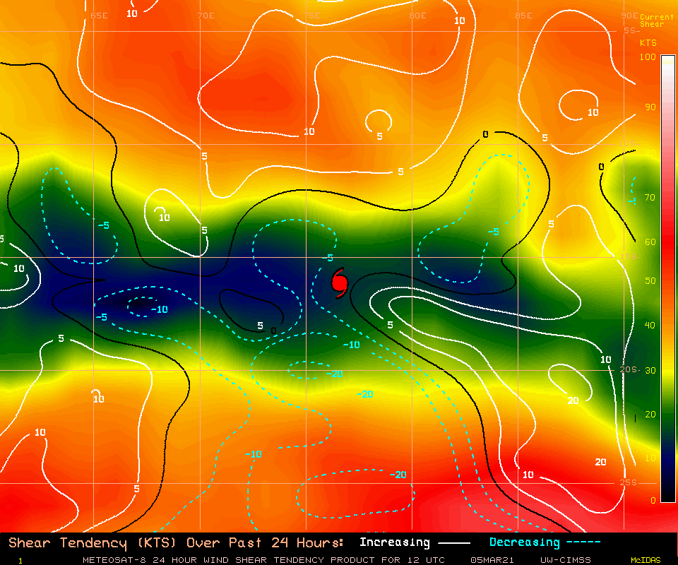 24S(HABANA). 05/12UTC. CIMSS Vertical Shear Magnitude : 6.7 m/s (12.9 kts) Direction :   20.5 deg Experimental Vertical Shear and TC Intensity Trend Estimates: FAVOURABLE OVER 24H