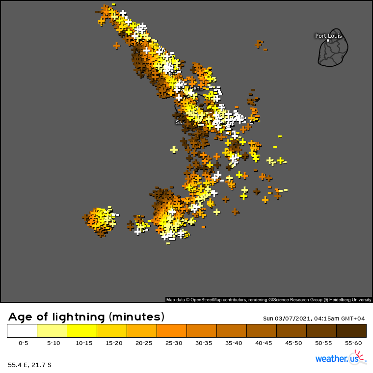 INVEST 91S. 07/0015UTC. STRONG THUNDERY ACTIVITY OVER RÉUNION ISLAND WHICH IS REPORTING TOP GUSTS OVER 100KM/H AT SEVERAL LOCATIONS.