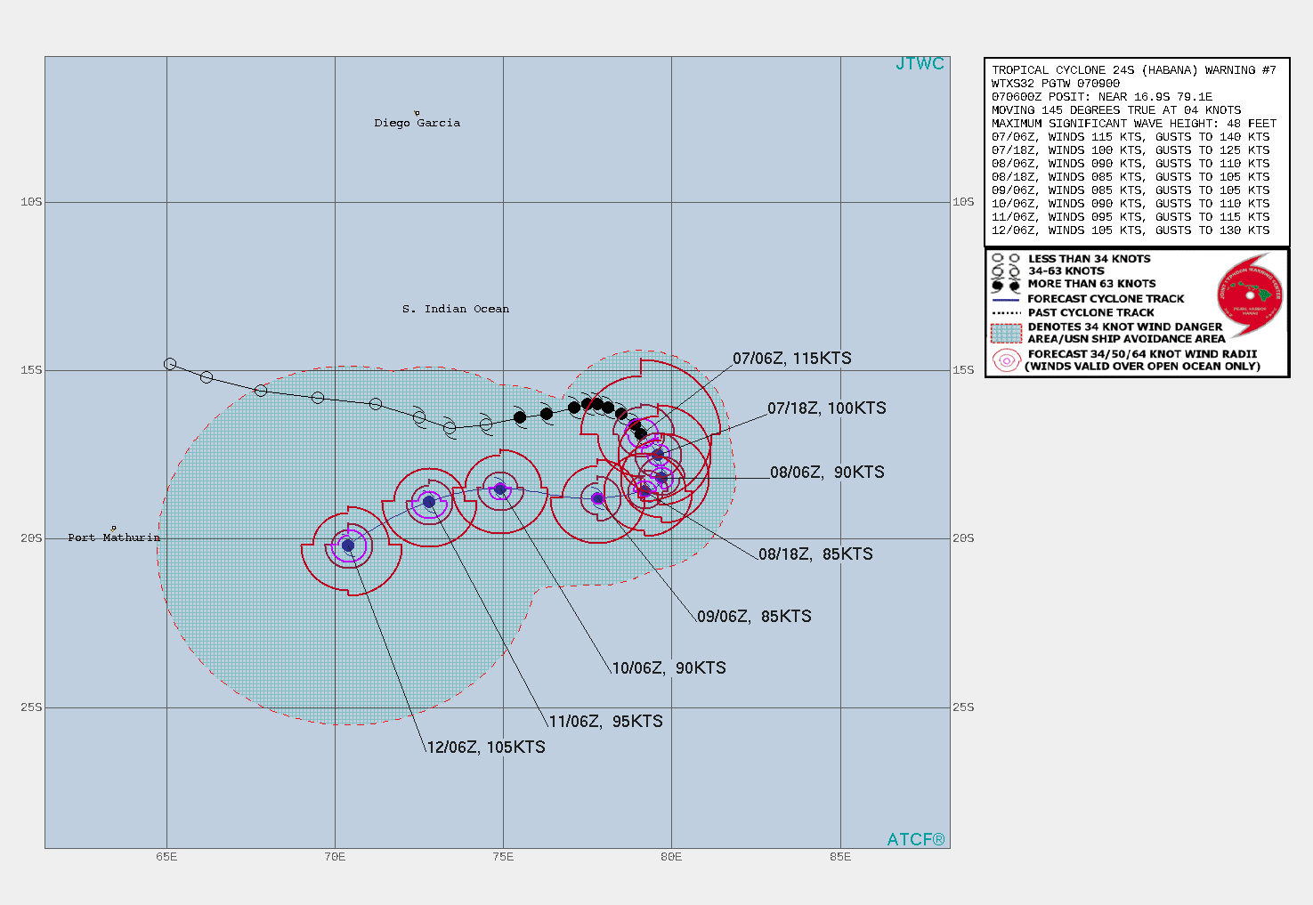 24S(HABANA). WARNING 7 ISSUED AT 07/09UTC. TC 24S IS IN AN OVERALL FAVORABLE ENVIRONMENT WITH GOOD RADIAL UPPER LEVEL OUTFLOW,  LOW (10-15KT) VERTICAL WIND SHEAR, AND WARM (28-29C) SEA SURFACE  TEMPERATURES. THE SYSTEM IS IN A COL BETWEEN THE NEAR EQUATORIAL  RIDGE (NER) TO THE NORTH AND A SECONDARY NER TO THE EAST THAT IS  SLIGHTLY THE DOMINANT STEERING MECHANISM AND SLOWLY DRIVING THE  CYCLONE POLEWARD. AFTER 24H, A SUBTROPICAL RIDGE (STR) WILL BUILD  TO THE SOUTH AND ASSUME STEERING, TURNING TC 24S TO A WESTWARD TRACK  THEN, AFTER 96H, WEST-SOUTHWESTWARD. TC 24S IS FORECAST TO WEAKEN  PRIMARILY DUE TO DIMINISHING UPPER LEVEL OUTFLOW AND BY TAU 36-48,  WILL BE REDUCED TO 85KNOTS/US CATEGORY 2. AFTER 48H, INCREASED OUTFLOW FROM THE  STR WILL FUEL A SECONDARY INTENSIFICATION PHASE AND BY TAU 120, WILL  RE-STRENGTHEN TO 105KTS, POSSIBLY HIGHER WITH RAPID INTENSIFICATION. 24S(HABANA). WARNING 7 ISSUED AT 07/09UTC. TC 24S IS IN AN OVERALL FAVORABLE ENVIRONMENT WITH GOOD RADIAL UPPER LEVEL OUTFLOW,  LOW (10-15KT) VERTICAL WIND SHEAR, AND WARM (28-29C) SEA SURFACE  TEMPERATURES. THE SYSTEM IS IN A COL BETWEEN THE NEAR EQUATORIAL  RIDGE (NER) TO THE NORTH AND A SECONDARY NER TO THE EAST THAT IS  SLIGHTLY THE DOMINANT STEERING MECHANISM AND SLOWLY DRIVING THE  CYCLONE POLEWARD. AFTER 24H, A SUBTROPICAL RIDGE (STR) WILL BUILD  TO THE SOUTH AND ASSUME STEERING, TURNING TC 24S TO A WESTWARD TRACK  THEN, AFTER 96H, WEST-SOUTHWESTWARD. TC 24S IS FORECAST TO WEAKEN  PRIMARILY DUE TO DIMINISHING UPPER LEVEL OUTFLOW AND BY TAU 36-48,  WILL BE REDUCED TO 85KNOTS/US CATEGORY 2. AFTER 48H, INCREASED OUTFLOW FROM THE  STR WILL FUEL A SECONDARY INTENSIFICATION PHASE AND BY TAU 120, WILL  RE-STRENGTHEN TO 105KTS, POSSIBLY HIGHER WITH RAPID INTENSIFICATION.