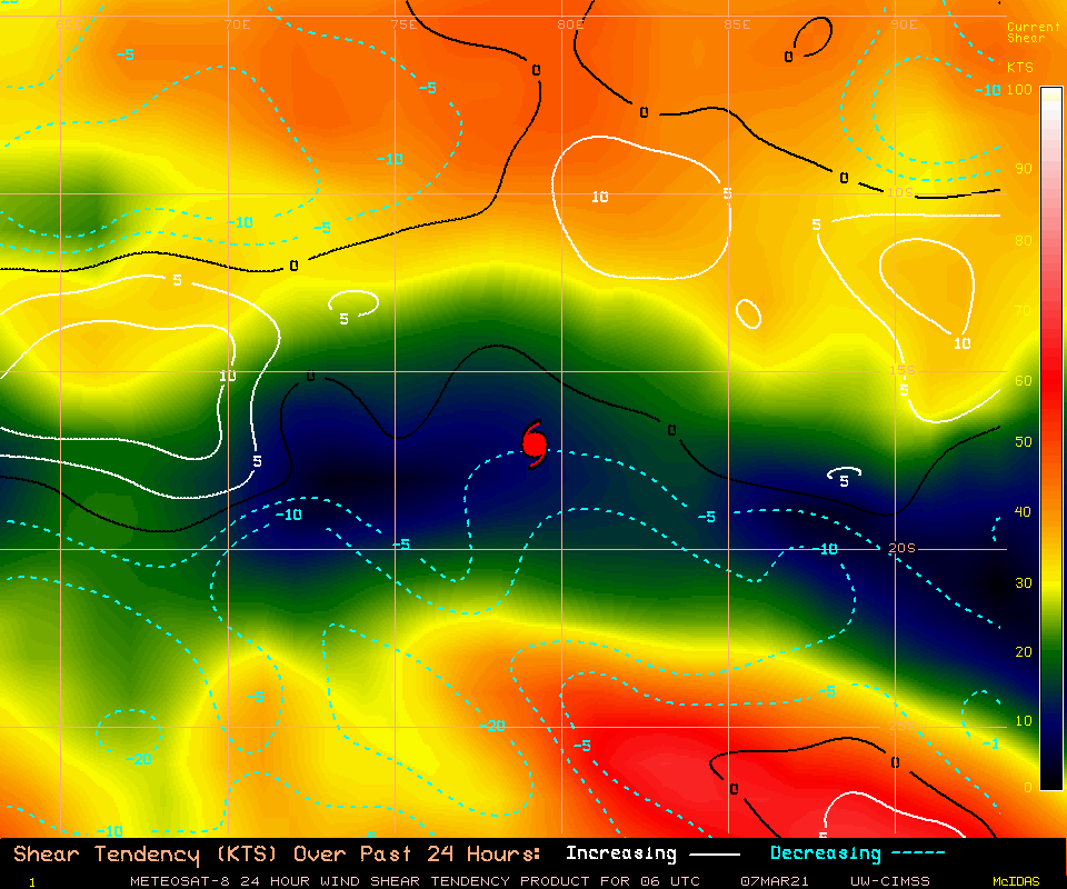24S(HABANA). CIMSS Vertical Shear Magnitude : 5.2 m/s (10.0 kts) Direction :   46.3 deg Experimental Vertical Shear and TC Intensity Trend Estimates: UNFAVOURABLE OVER 24H 24S(HABANA). CIMSS Vertical Shear Magnitude : 5.2 m/s (10.0 kts) Direction :   46.3 deg Experimental Vertical Shear and TC Intensity Trend Estimates: UNFAVOURABLE OVER 24H