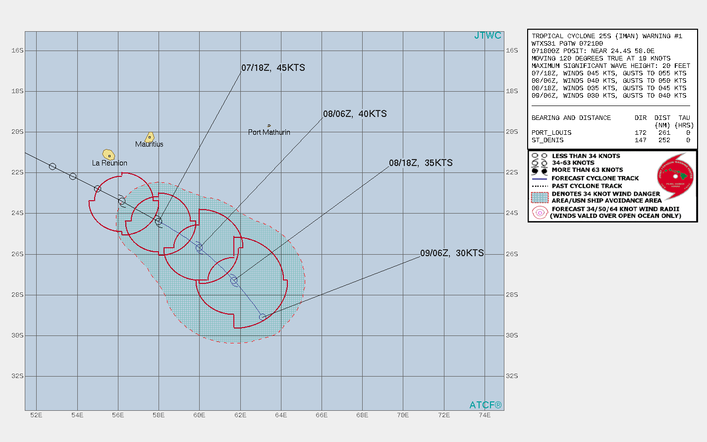25S(IMAN). WARNING 1 ISSUED AT 07/21UTC.25S(IMAN) HAS CONSOLIDATED AND INTENSIFIED OVER THE PAST SIX HOURS WHILE  TRACKING EAST-SOUTHEASTWARD IN THE GRADIENT BETWEEN SUBTROPICAL  RIDGING TO THE NORTHEAST AND AN APPROACHING, DEEP-LAYER TROUGH TO  THE SOUTHWEST. THE SYSTEM IS EXPECTED TO CONTINUE TRACKING GENERALLY  SOUTHEASTWARD OVER THE NEXT 36 HOURS AND COMPLETE EXTRATROPICAL  TRANSITION AS THE APPROACHING TROUGH OVERTAKES THE SYSTEM. WHILE  POLEWARD OUTFLOW IS STRONG AND SEA SURFACE TEMPERATURE IS MARGINALLY  FAVORABLE AT AROUND 27C, VERTICAL WIND SHEAR IS VERY HIGH (GREATER  THAN 30 KNOTS). THE CONTINUED IMPACT OF STRONG VERTICAL WIND SHEAR  AND PASSAGE OVER COOL WATER ARE EXPECTED TO WEAKEN THE SYSTEM  THROUGHOUT THE FORECAST PERIOD, WITH NO OFFSETTING BAROCLINIC  SUPPORT FROM INTERACTION WITH THE AFOREMENTIONED TROUGH.